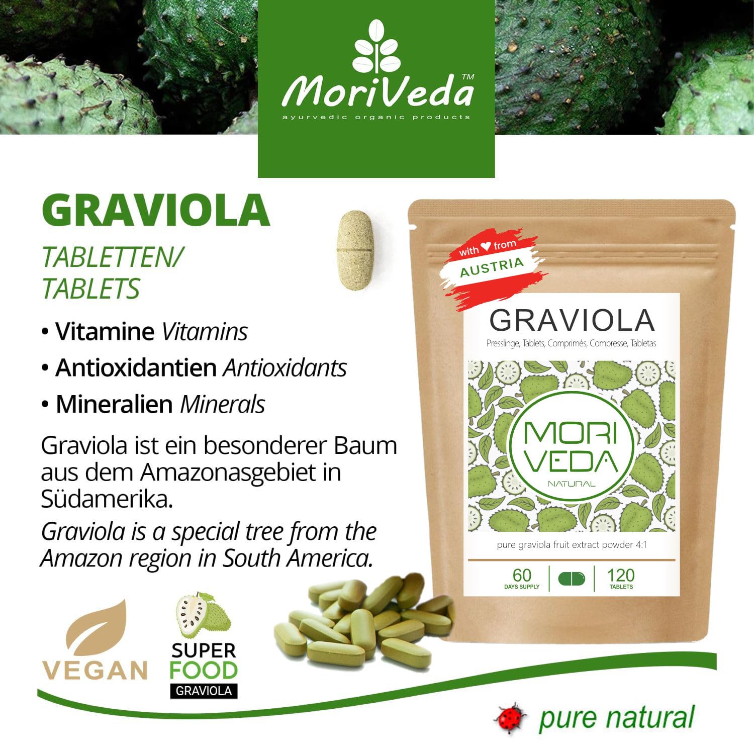 MoriVeda® - Graviola Pressioni I Vegan I Estratto di frutta I 3x 120 Compresse