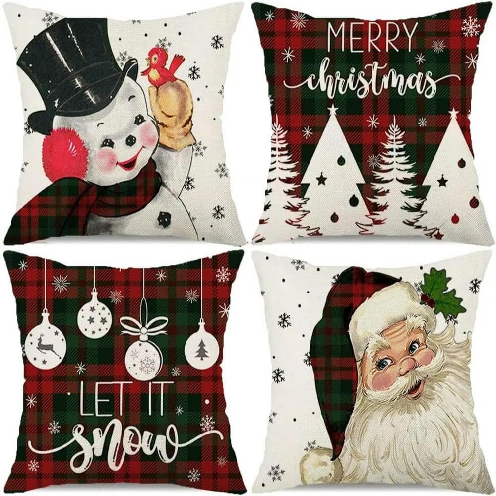 ZBDP - 4 federe per cuscini natalizi, Babbo Natale, pupazzo di neve, fiocchi di neve, fattoria, bufalo, plaid albero di Natale, decorazione per le vacanze