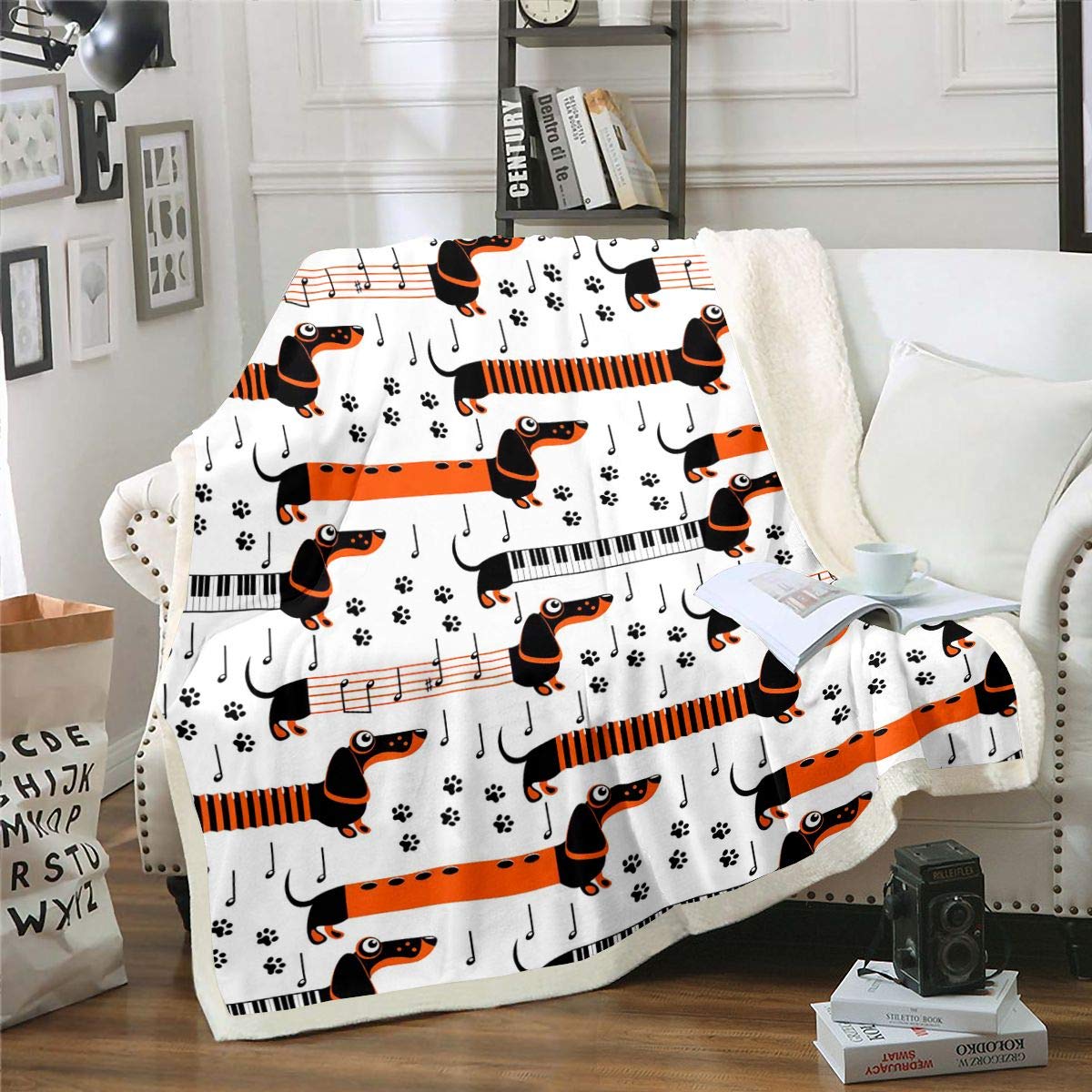 Manta de sherpa con diseño de perro con música para niños y niñas, con diseño de perro salchicha y forro polar mullido de dibujos animados y patas de cachorro, manta de felpa suave y cálida y notas d
