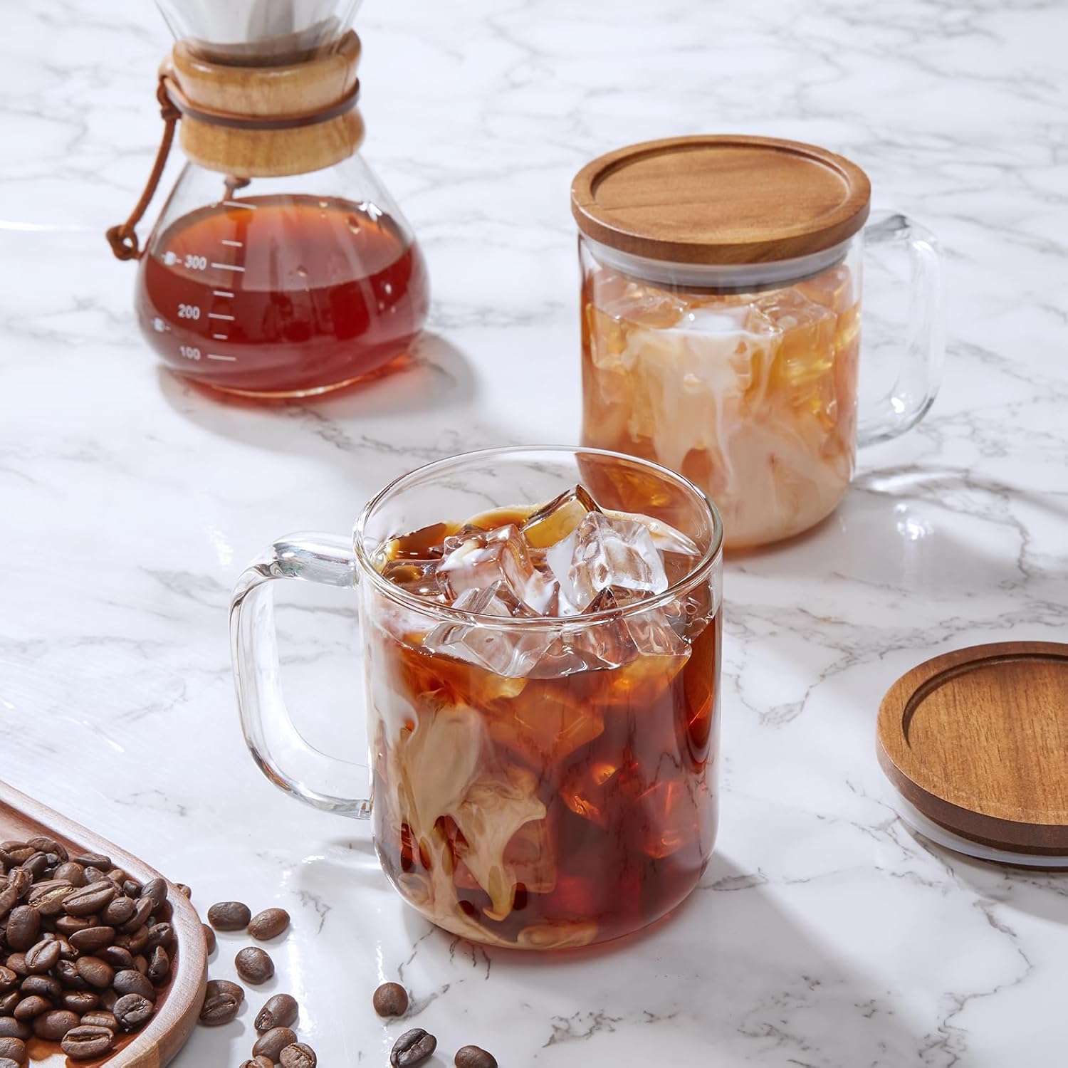 DRASTAR Glass Coffee Cups, 16 oz Coffee Mugs, Flat Bottomed Cups with Acacia Wood Lid, Glass Tea Cup with Handle, Clear Tea Cup Set of 2 - Image 4