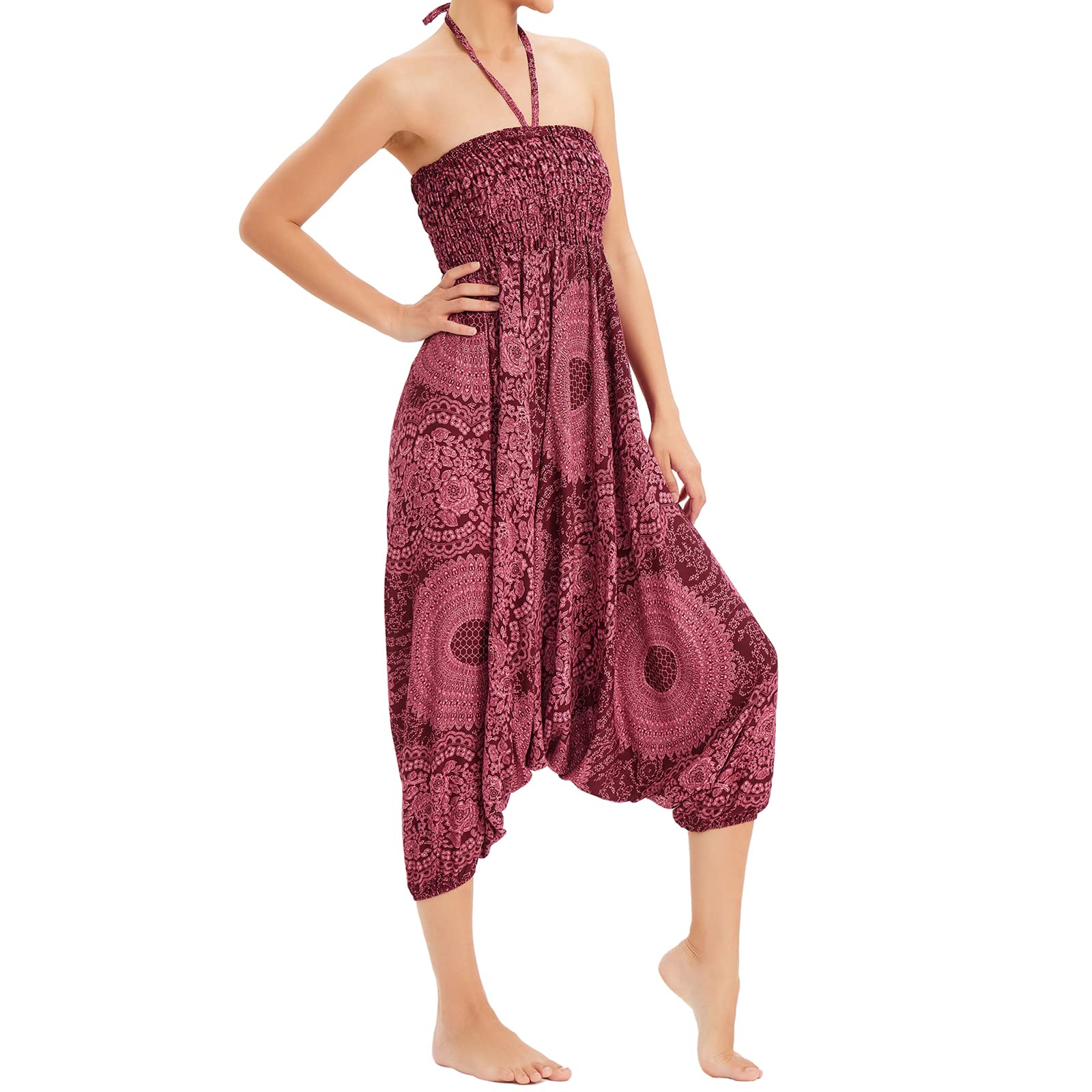Pantalon de pêcheur Sarouel pour Femmes, Combinaison à Motifs, épaules dénudées, Barboteuse Baggy, Taille Haute, Pantalon Confortable, Plage d'été