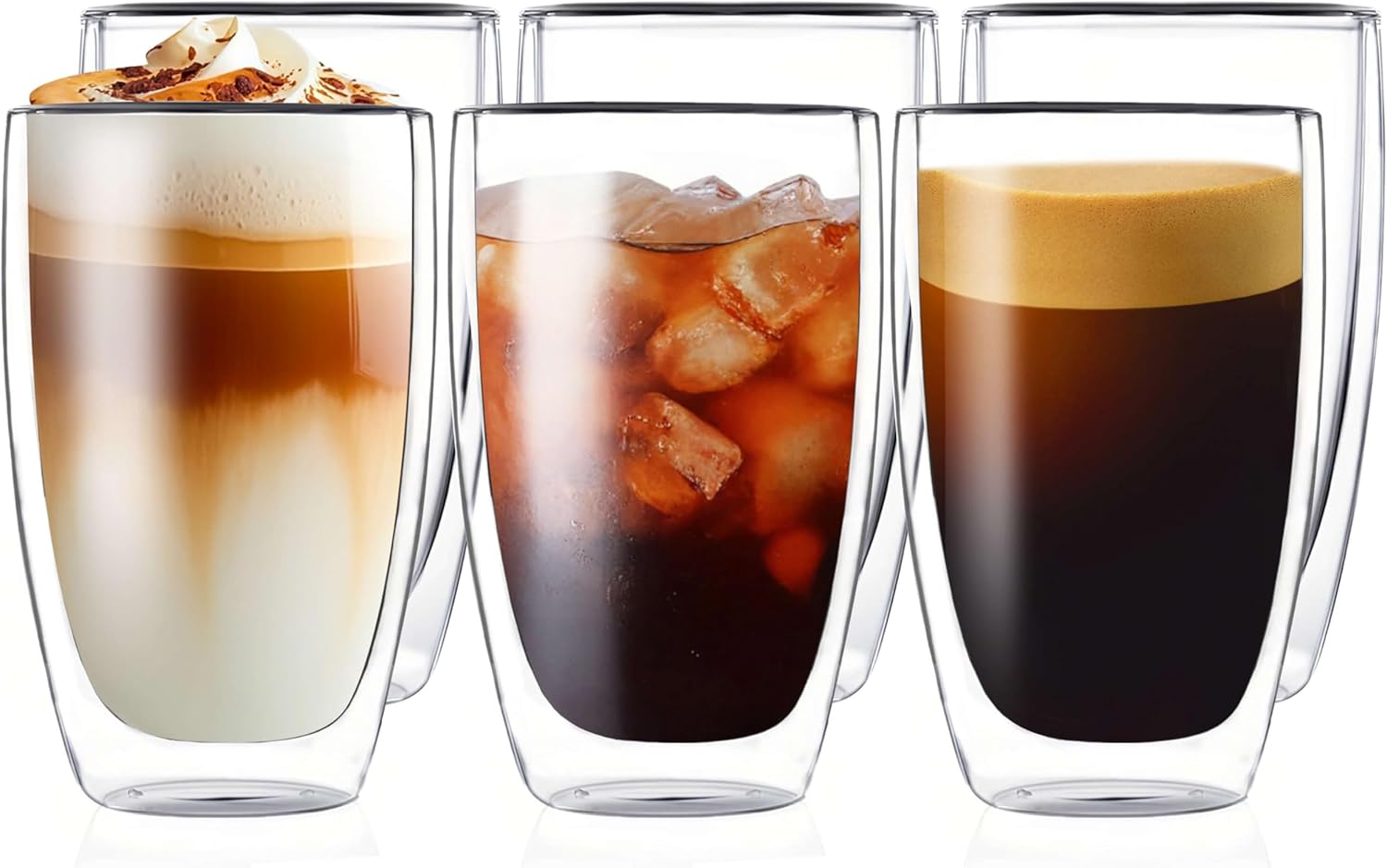 MESNEY 17oz Double Walled Glass Coffee Mugs, Glass Coffee Mugs Set of 6, Insulated Clear Cappuccino Latte Mugs for Home, Cafe & Restaurant, Durable Stackable Drinking Glasses