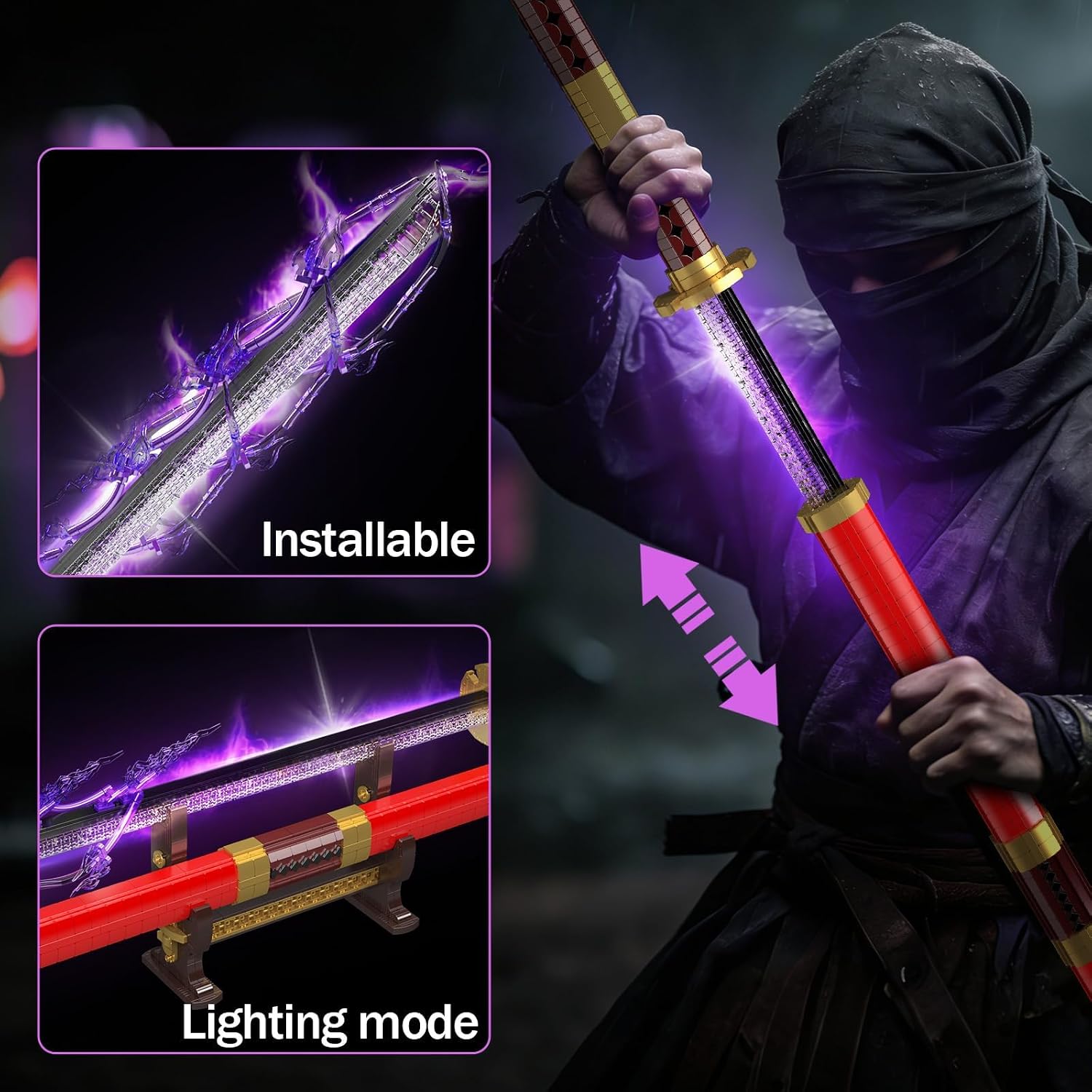 Mould King 10259 Glowing Samurai Sword Building Block Model, 1832+ Piece LED Light-Up Japanese Sword Display with Battery Box & Stand, Large-Scale Decorative Anime-Inspired Assembly Model