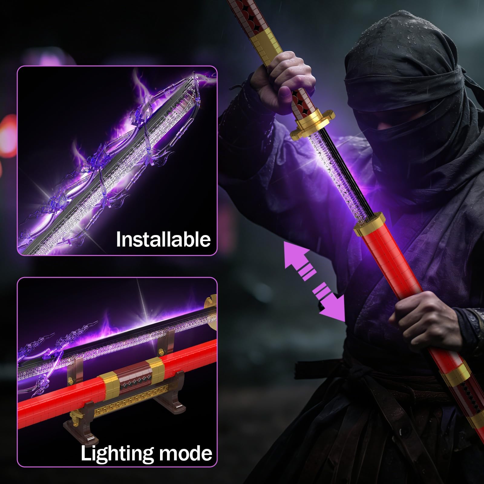 Mould King 10259 Spada Samurai incandescente modello a blocco, 1832+ pezzi LED illuminato spada giapponese display con scatola batteria e supporto, modello decorativo su larga scala ispirato agli
