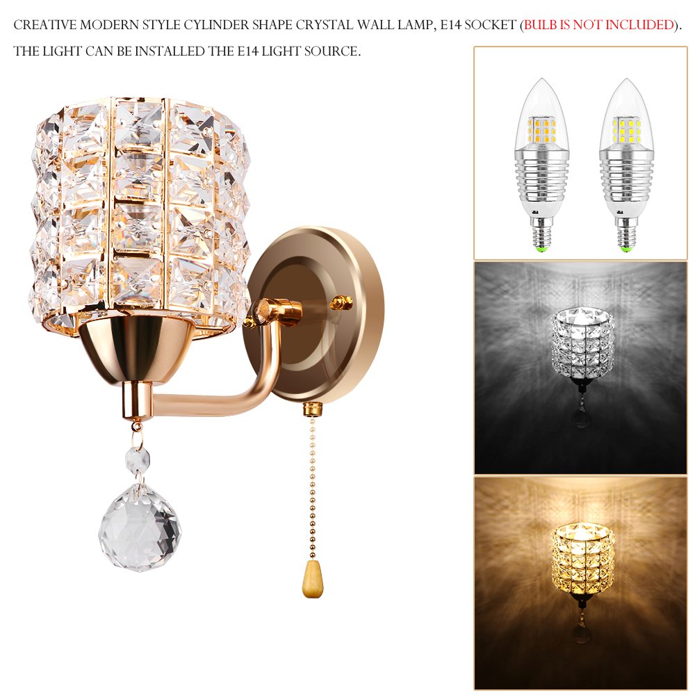 ALLOMN Moderne Wandleuchte, Kristall Pendelleuchte Schlafzimmer Gang Wohnzimmer Wandleuchte mit Leistung Ziehen Schalter E14 Steckdose (keine Lampe Enthalten) (Golden, 2 PCS)