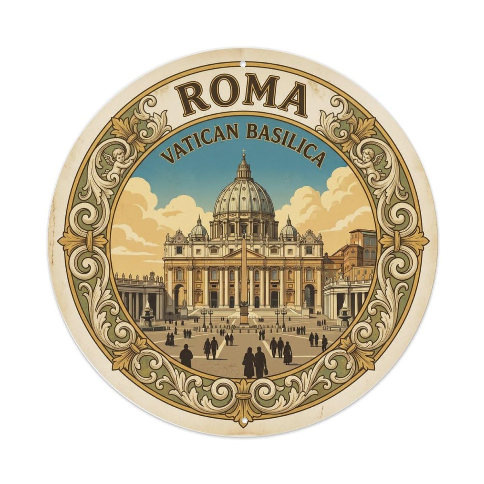 Vintage Travel Cathedral Rome Basilica Metal Tin Sign Plaque Wall Decor for Cafe, Club, Garden Round Metal Poster 8x8Inch