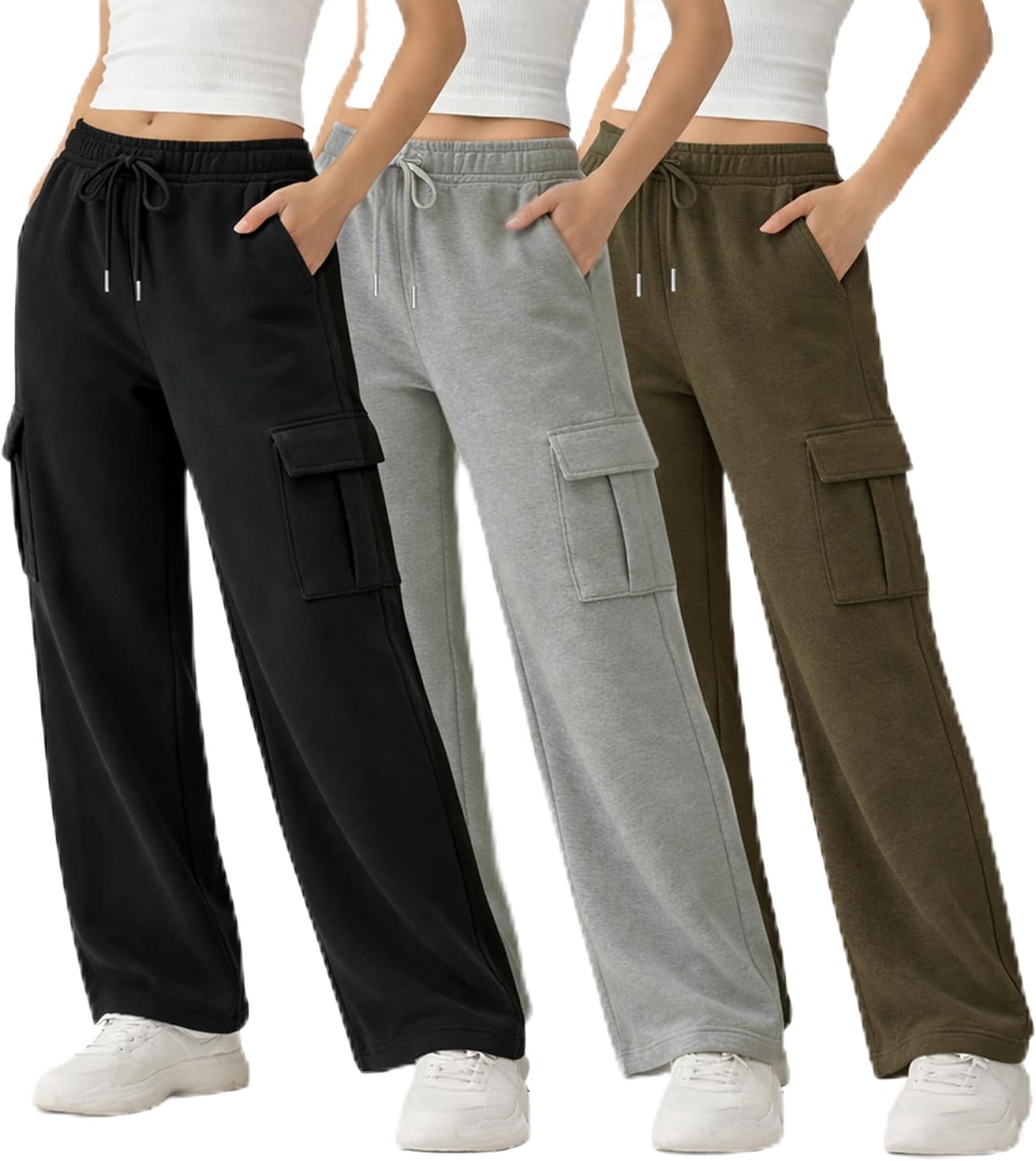 Common Stitch 3 Pack Sweatpants Women, Wide Leg Cargo Womens Sweatpants, Wide Leg Pants with Pockets (Available in Plus)