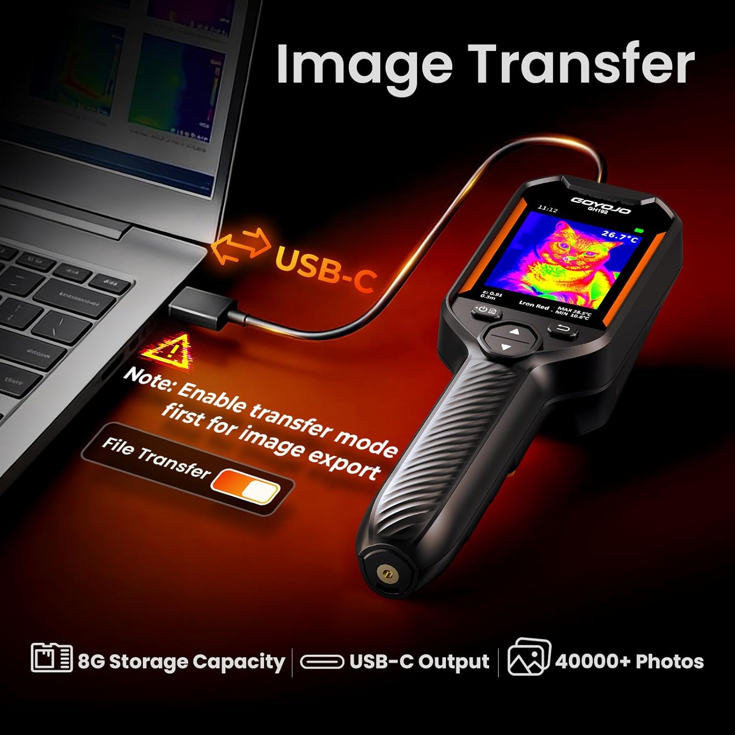 GOYOJO GH192 Thermal Imaging Camera showing various color palettes and temperature units.