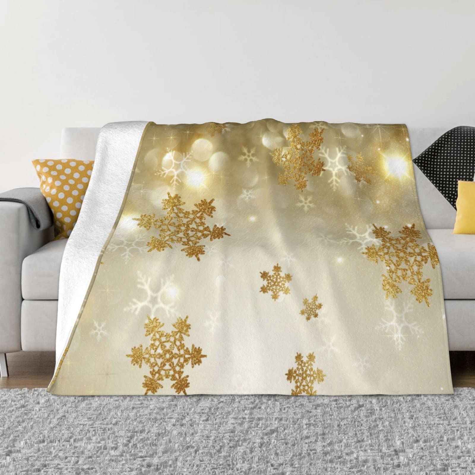 Coperta natalizia in micro pile ultra morbida in seta dorata, 20 x 160 cm, per letto, divano, viaggio, campeggio, soffice e accogliente lavabile in lavatrice