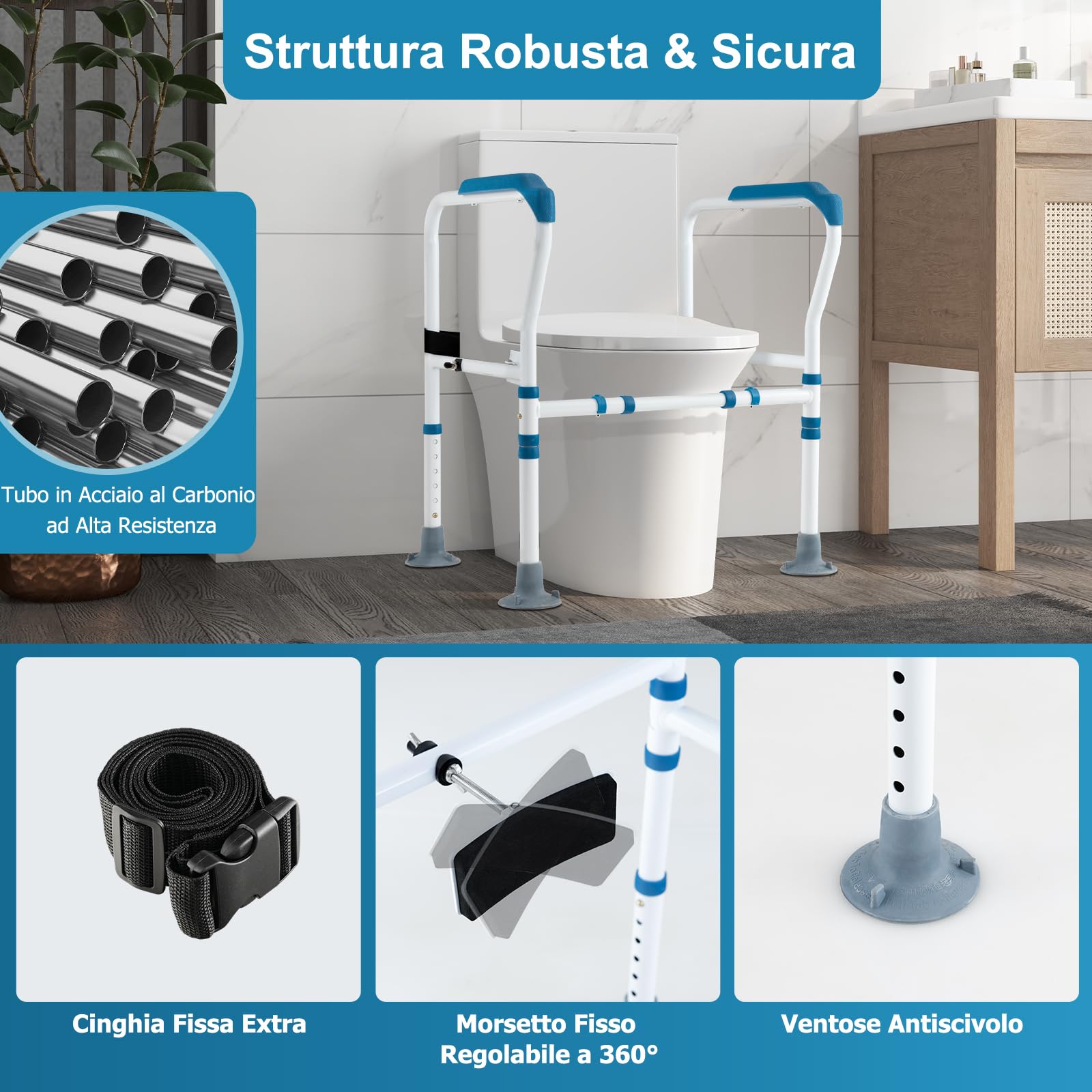 COSTWAY Supporto di Sicurezza Telaio Autonomo per WC, Supporto per WC Regolabile in Altezza e Larghezza con Cinghia di Fissaggio, Con Ventose Antiscivolo (Blu)