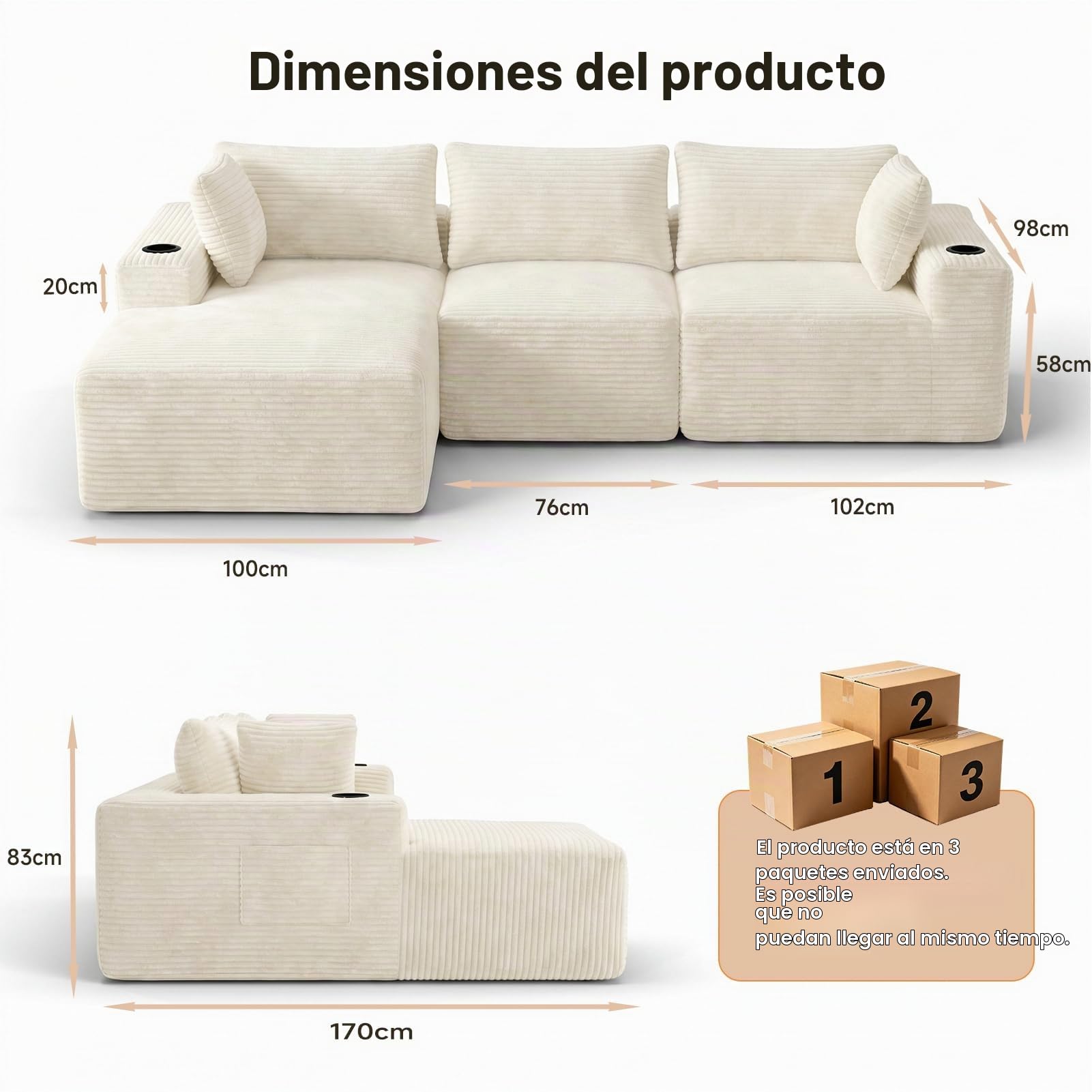 HAUSPROFI Sofá esquinero con función de Dormir (Beige Largo)
