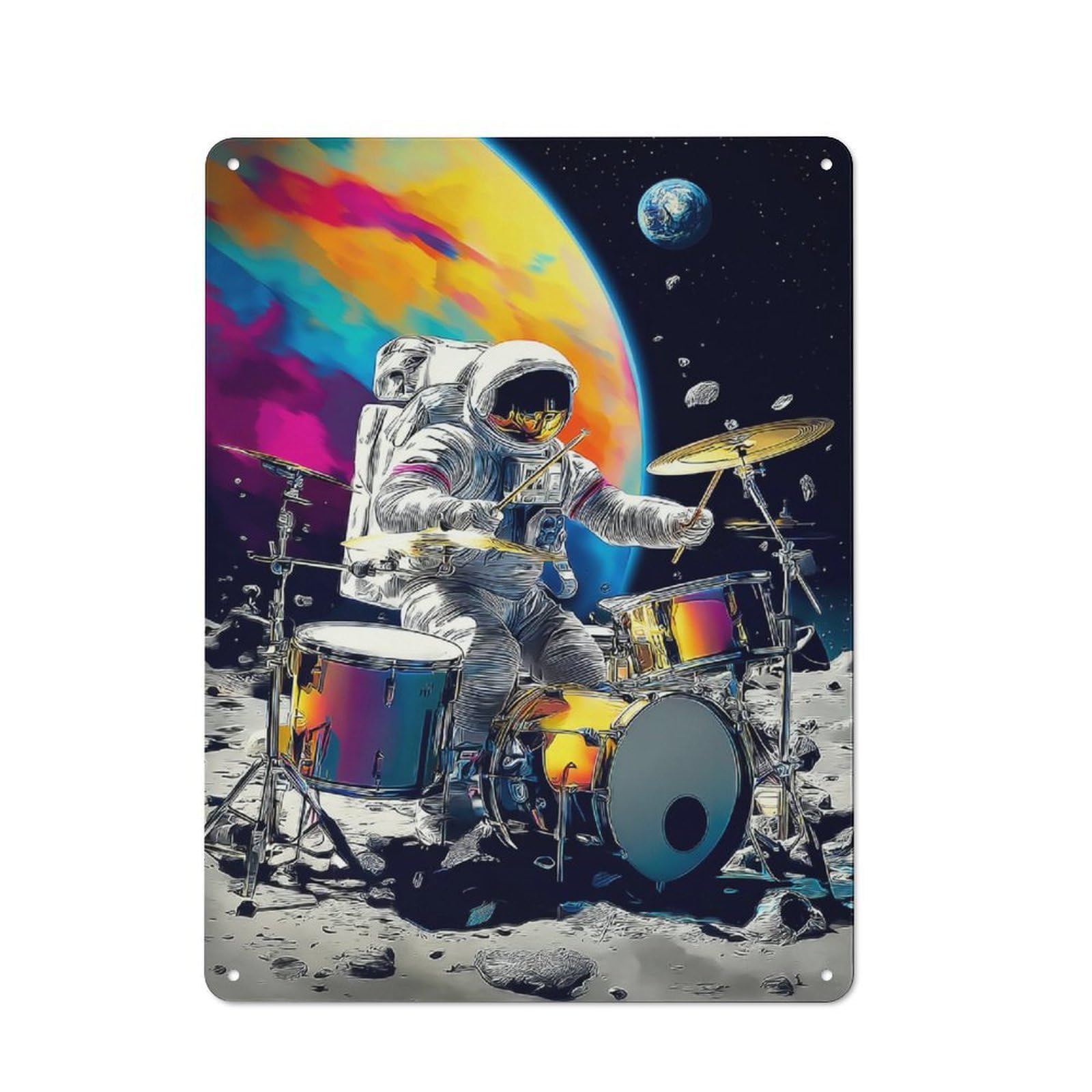 Junmoney Astronaut Drummer In Space Printed Metal Sign, Home Decor Sign For Garage, Shed, Workshop Or Hobby Room, Gift For Garage Fans And Workshop Owners, 40X30cm