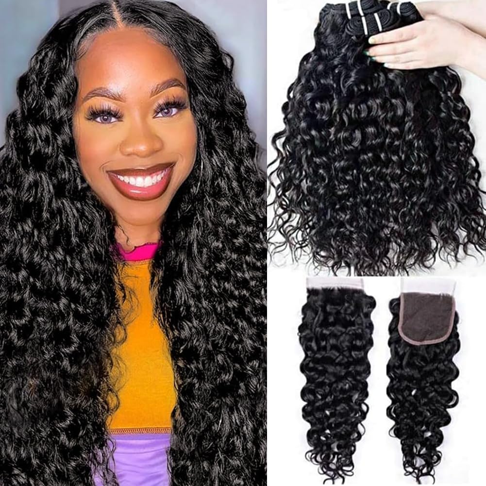 Water Wave Bundles with Closure 12A Bundles Human Hair Ocean Wave Wet & Wavy Human Hair Bundles with Lace Closure 100% Human Hair Extensions Remy Hair Bundles (20 22 24+18inch)