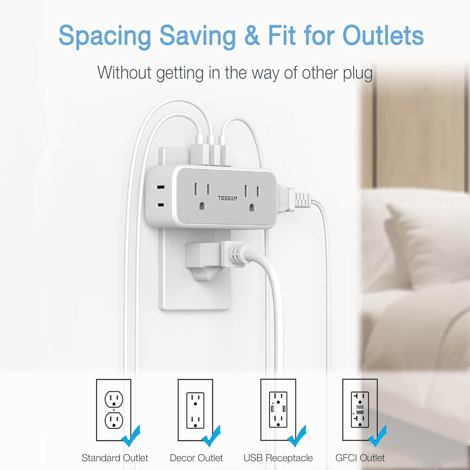Multi Plug Outlet Splitter with USB, TESSAN 4 Electrical Multiple Outlet Extender with 3 USB Wall Charger, Mini Double Plug Expander for Travel, Home, Office, Dorm - - 