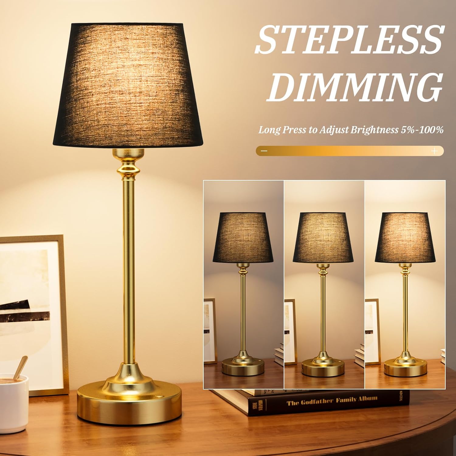 kakanuo cordless table lamps rechargeable set - 2 pack brass 4000mah battery operated lamps for decor, 3000k stepless dimming touch wireless lamp for bedroom, dining table, living room, black shade black - gold 2 pack 15.8in - empire shade