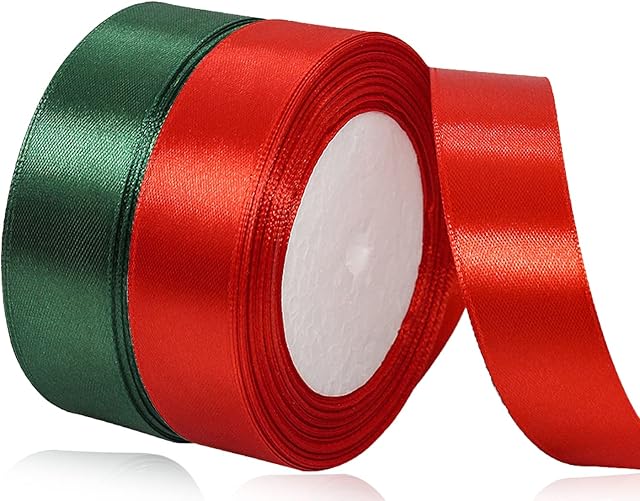 Christmas Ribbon 25mm, Red and Green Xmas Ribbon, 2 Rolls/45 Meters Christmas Satin Ribbon for Gift Wrapping and Crafts, Home and Christmas Tree Decoration, Door Wreaths and Bows Making