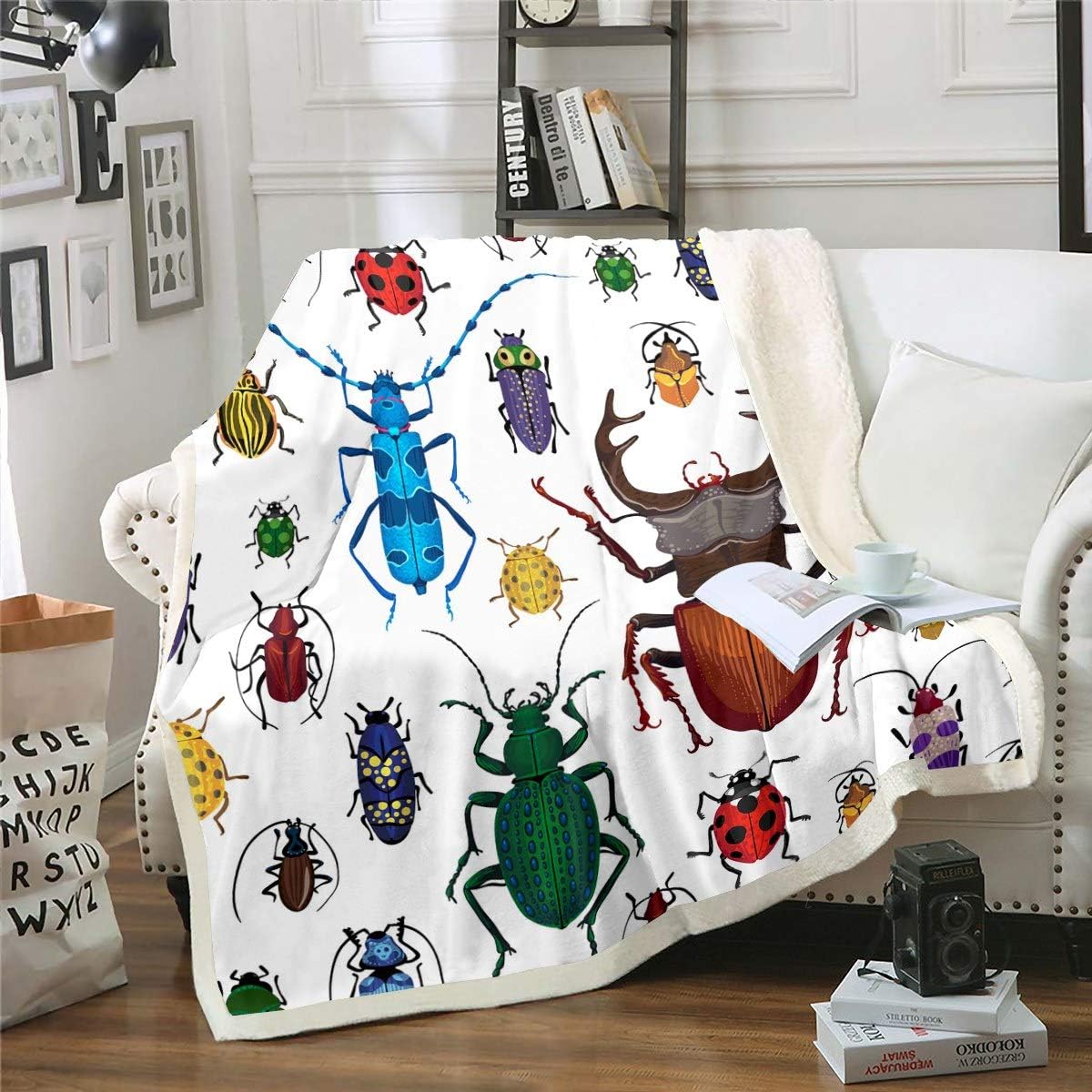 Feelyou Kids Bug Plush Throw Blanket Flying s Pattern Fleece Blanket for Couch Sofa Colorful Beetle Decor Sherpa Blanket Nature Animal Fuzzy Blanket Queen 90"x90" Multi 828 Queen