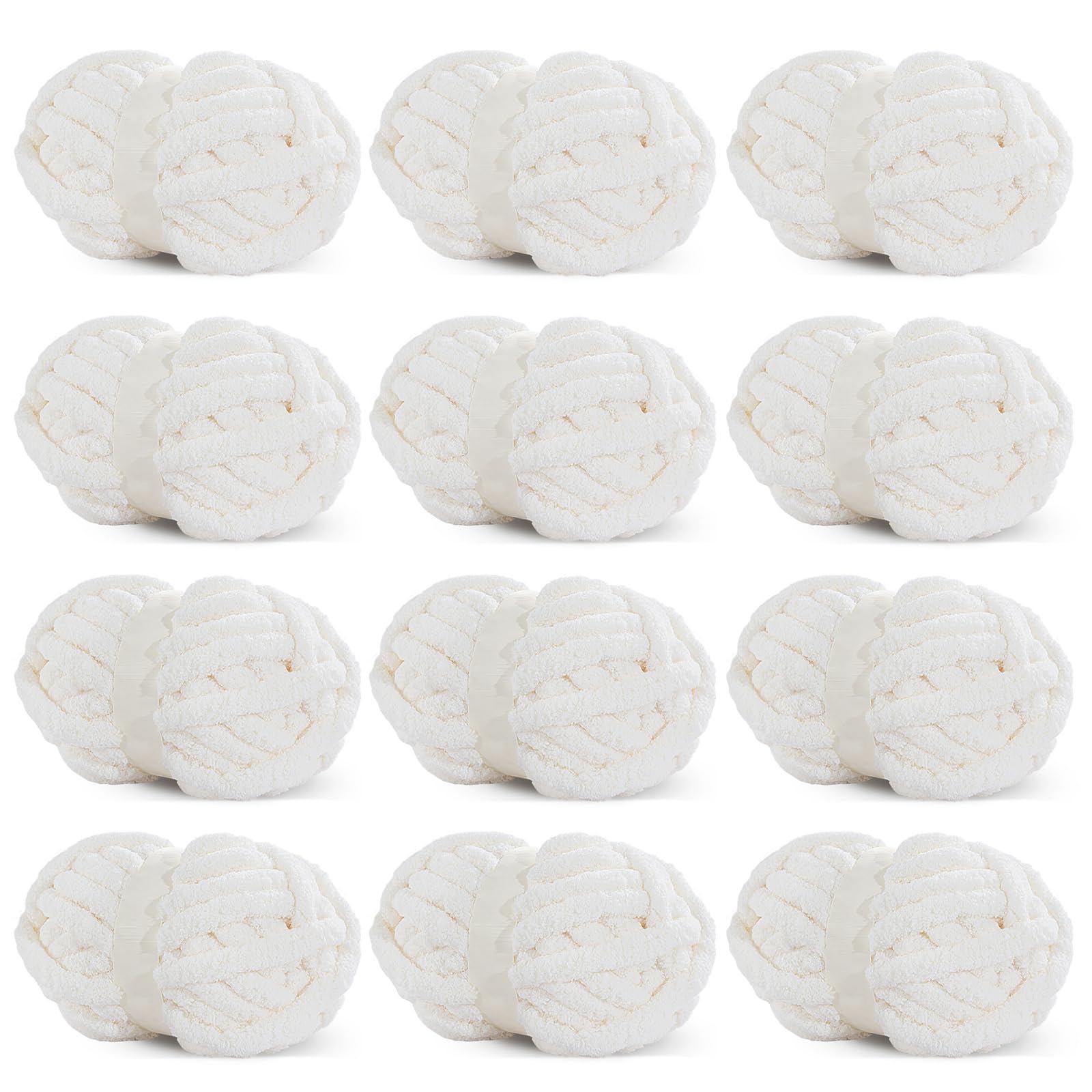 Hombys White Chunky Chenille Yarn for Crocheting & Knitting, Super Bulky, Soft Plush, 12 Jumbo Packs (27 yds, 8 oz Each)