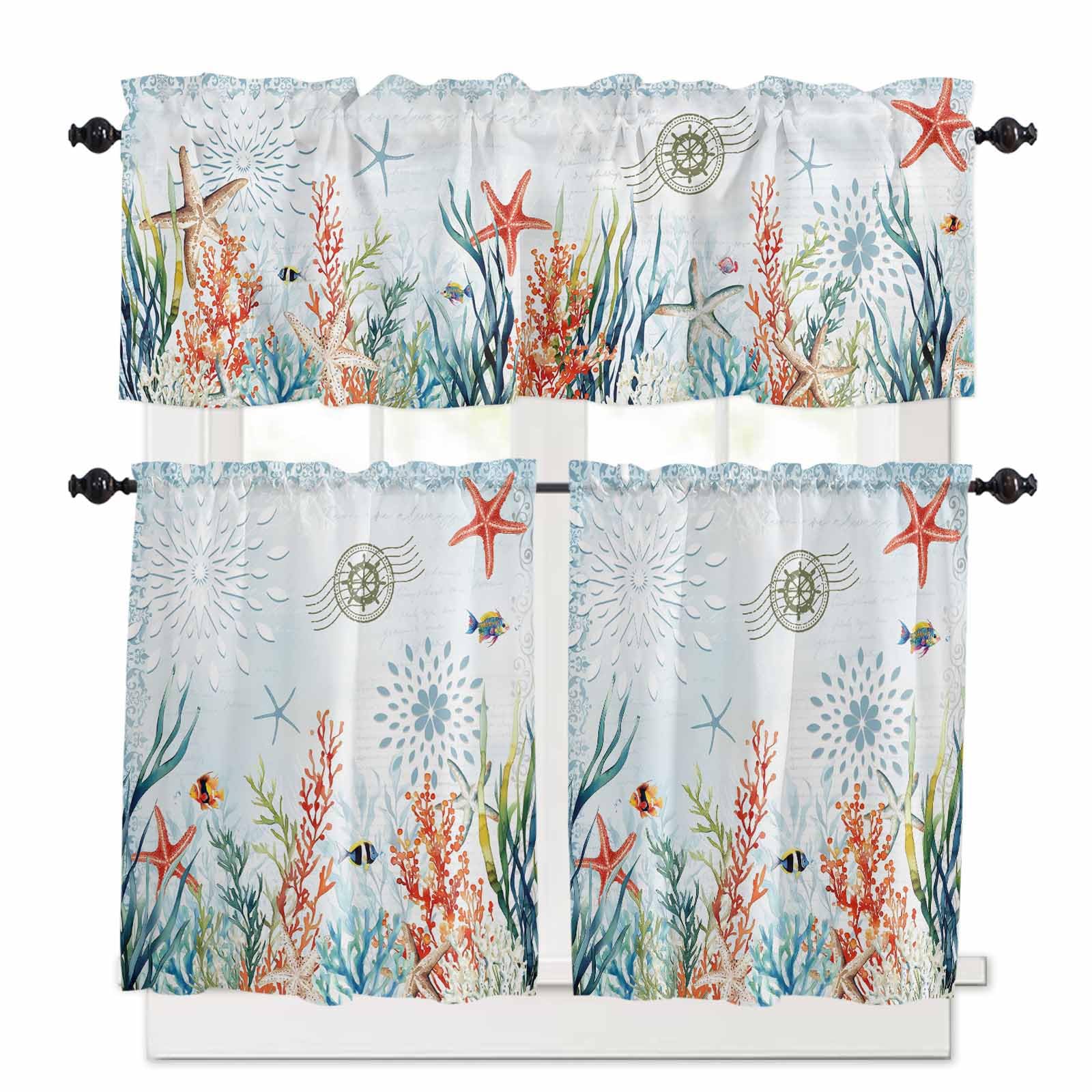 Coastal Blue Kitchen Curtains 36 Inch Length,3 Piece Rod Pocket Small Half Tiers and Valance Set,Ocean Coral Starfish Shell Nautical Seagrass Small Large Window Treatment Decor for Bedroom/Bathroom