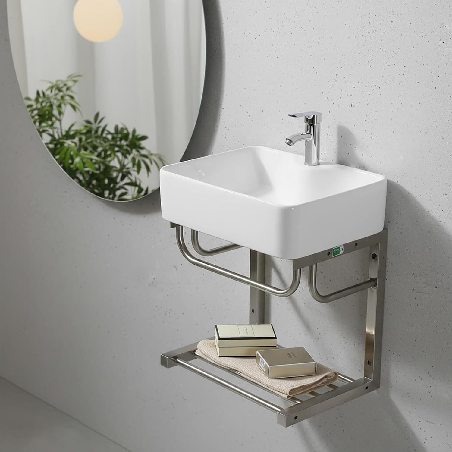 Wall Mount Bathroom Sink with Stainless Steel Storage Rack, 19 Inch Vessel Sink with Premium High-Temperature Fired Ceramic, Easy to Install for Home Apartment Salon Café