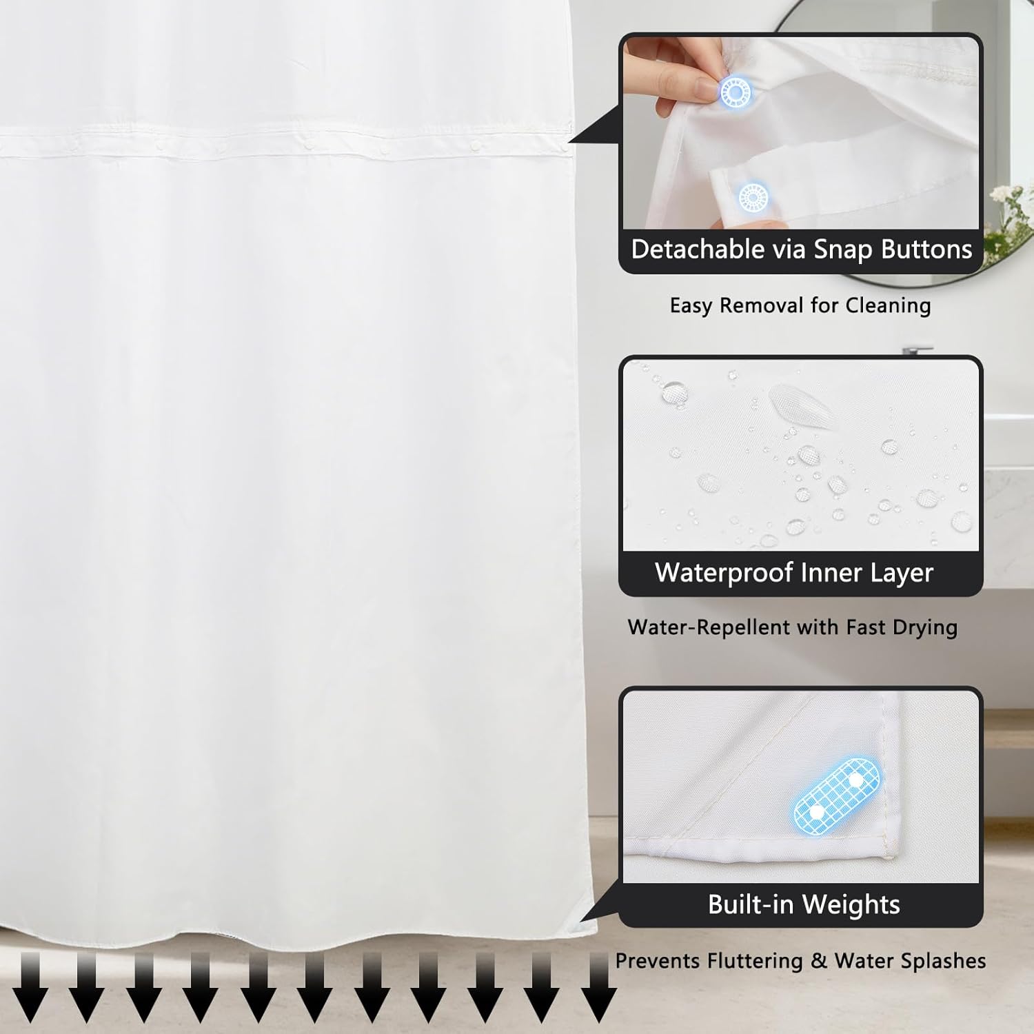 Vintage Black Shower Curtain with Waterproof Snap in Liner, Starry Night Forest Shower Curtain with Sheer Top Window, Aesthetic Retro Botanical Decorative Shower Curtains for Bathroom, 71x74 Inches