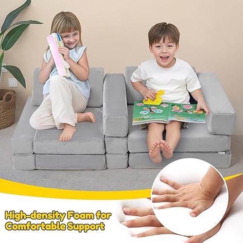Miniatura 92 de MeMoreCool Sofá infantil para sala de juegos, sofá modular de 10 piezas, sofá convertible de pana, juego de construcción de fuerte de espuma para