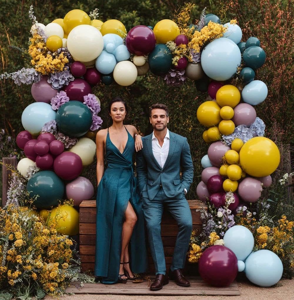 Blue Yellow Purple Balloon Arch, Double Stuffed Dusty Blue Purple Balloon Garland Kit with 6pcs Hydrangea Artificial Flowers for Baby Shower Birthday Boho Floral Wedding Party Decoration