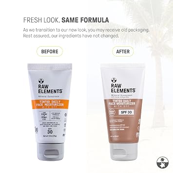 Raw Elements Tinted Daily Face Moisturizer - Mineral Sunscreen, 1.8 oz | All-natural mineral sunscreen, Non-nano zinc oxide, 95% organic, reef safe, SPF 30, in bio-resin tube