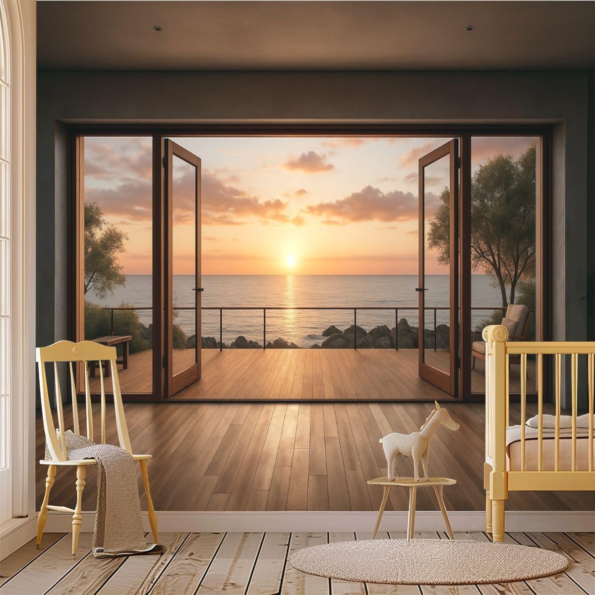 69"x98" Scape Wall Mural Peel and Stick Wallpaper Serene Sunset Ocean Open Doors Wooden Floor Wall Decor Self Adhesive Removable Wall Stickers for Bedroom Living Room