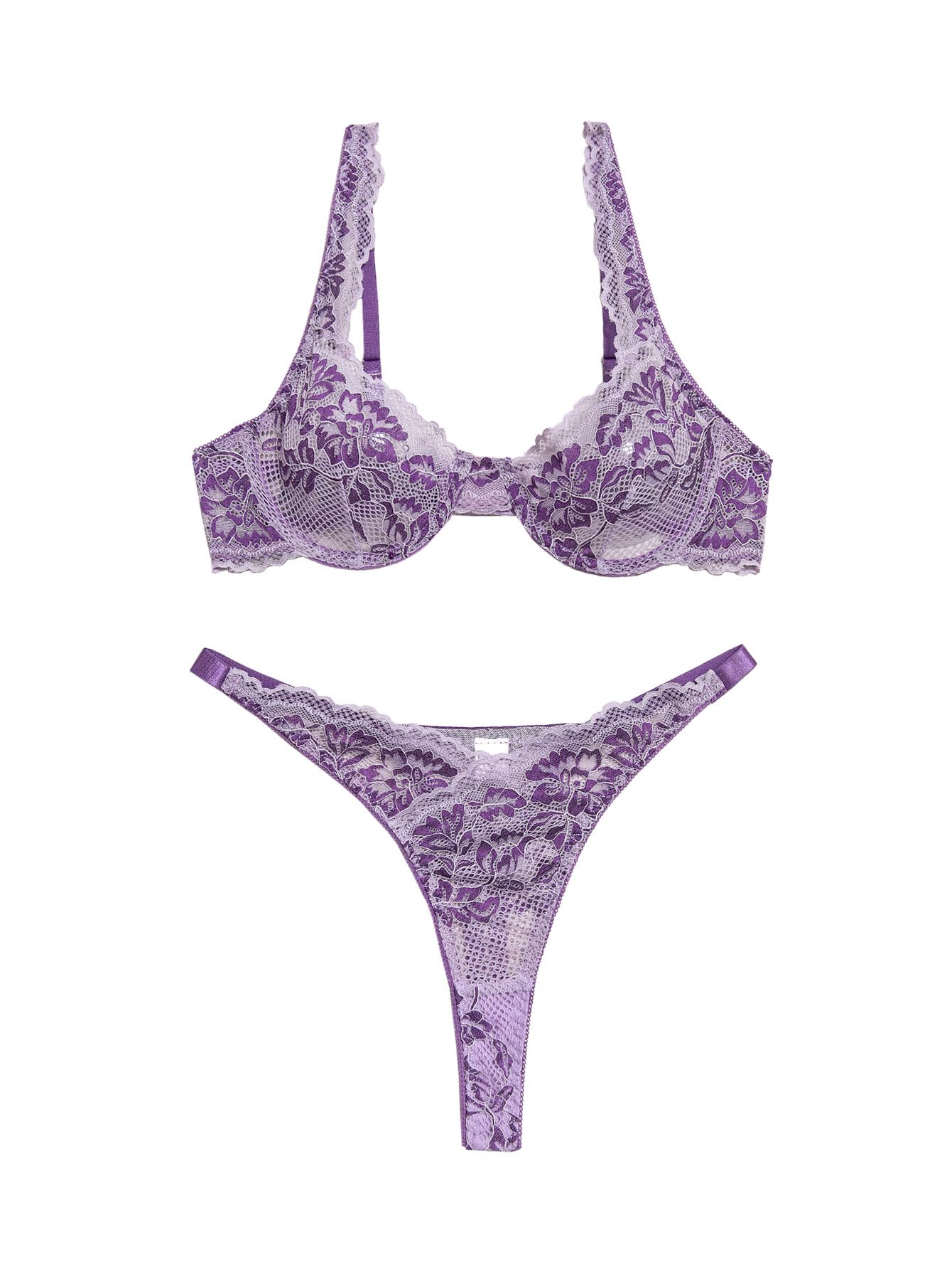 Lilosy Sexy Floral Lace Scallop Underwire Push Up Sheer Lingerie Set Outfits: X-Large Purple