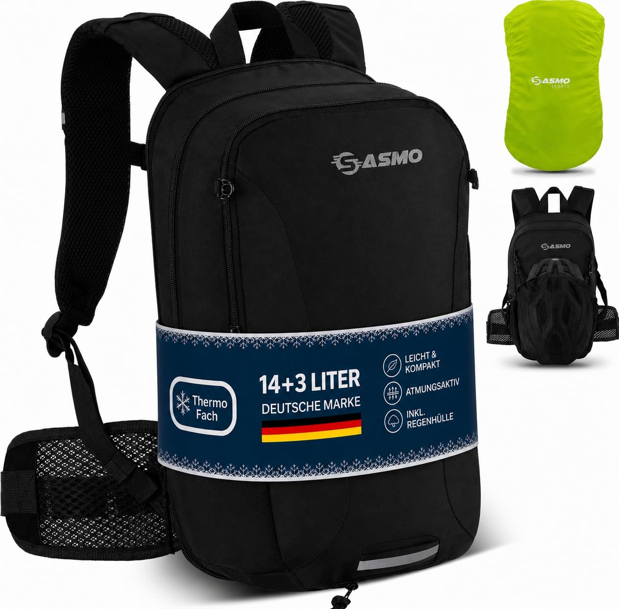 SASMO® Fahrradrucksack & Skirucksack 6L / 8L / 10+3L / 14+3L mit Thermofach, Helmnetz & Regenschutz | Ultraleicht - MTB Rucksack Herren & Damen | Kleiner Fahrradrucksack Herren & Damen