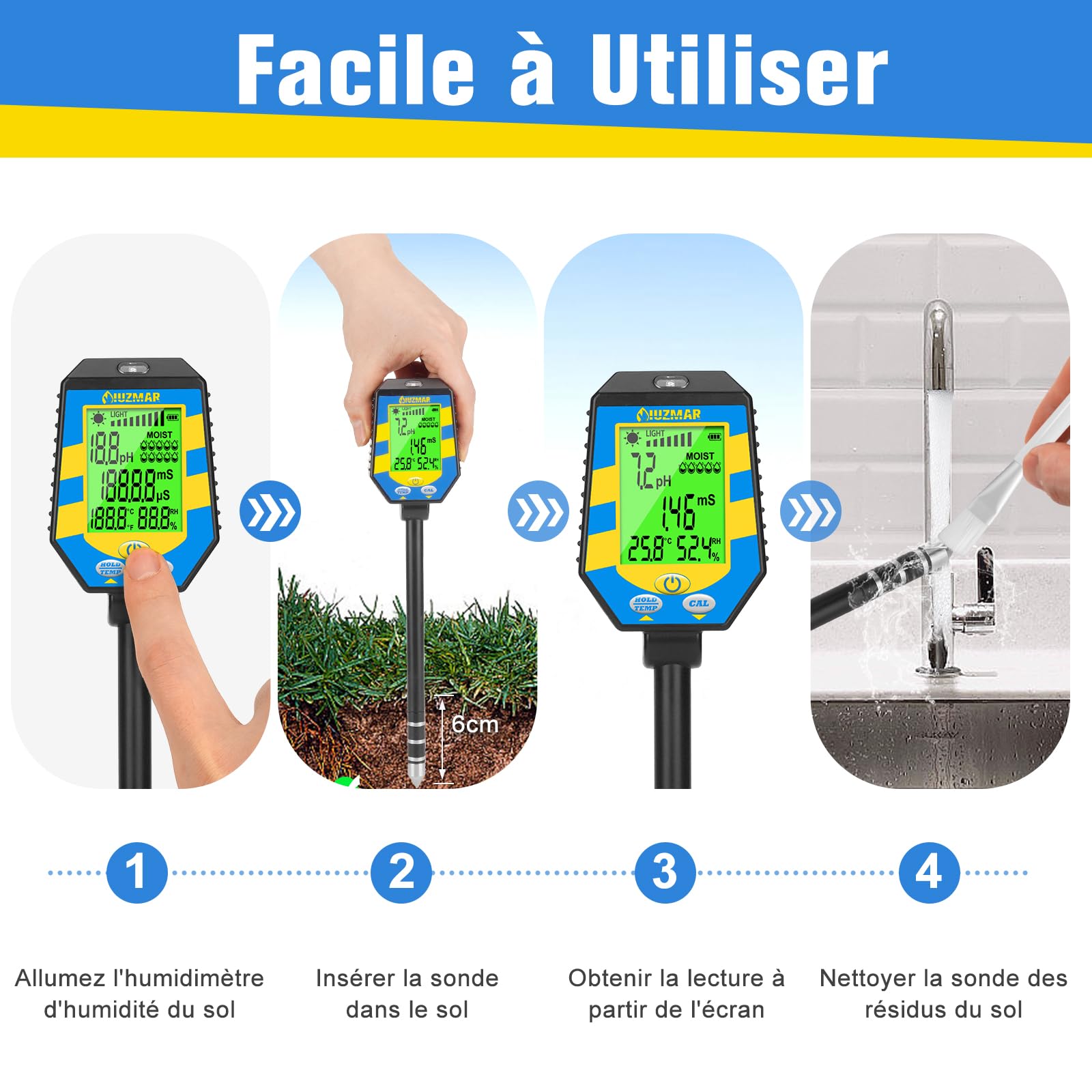 UIUZMAR Kit de Test de Sol, pH Mètre pour Sol 6-en-1 | Moniteur de pH/Humidité/EC/Lumière/Humidité de L'air/Température Testeur pH EC du Sol pour Jardin Serre Hydroponique