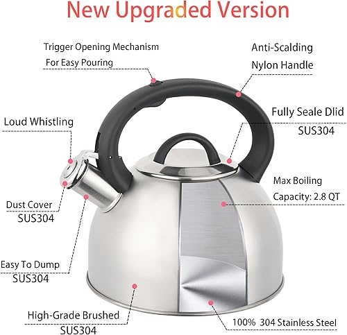Miniatura 3 de Tetera de acero inoxidable para estufa, tetera silbante de 2.8 cuartos de galón para estufa con mango anticalor y botón de apertura y cierre de un