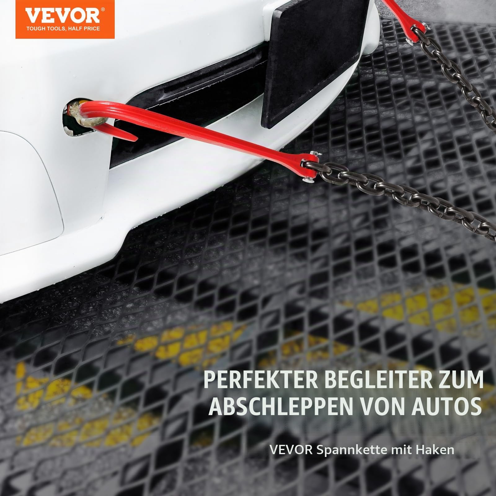 VEVOR G80 Abschleppkette,10 mm x 90 cm Stahlkette mit J-Haken und Greifhaken, Schwerlast-Transportschleppkette mit 7074 kg sicherer Arbeitslast zum Heben, Laden, Abschleppen und Festbinden