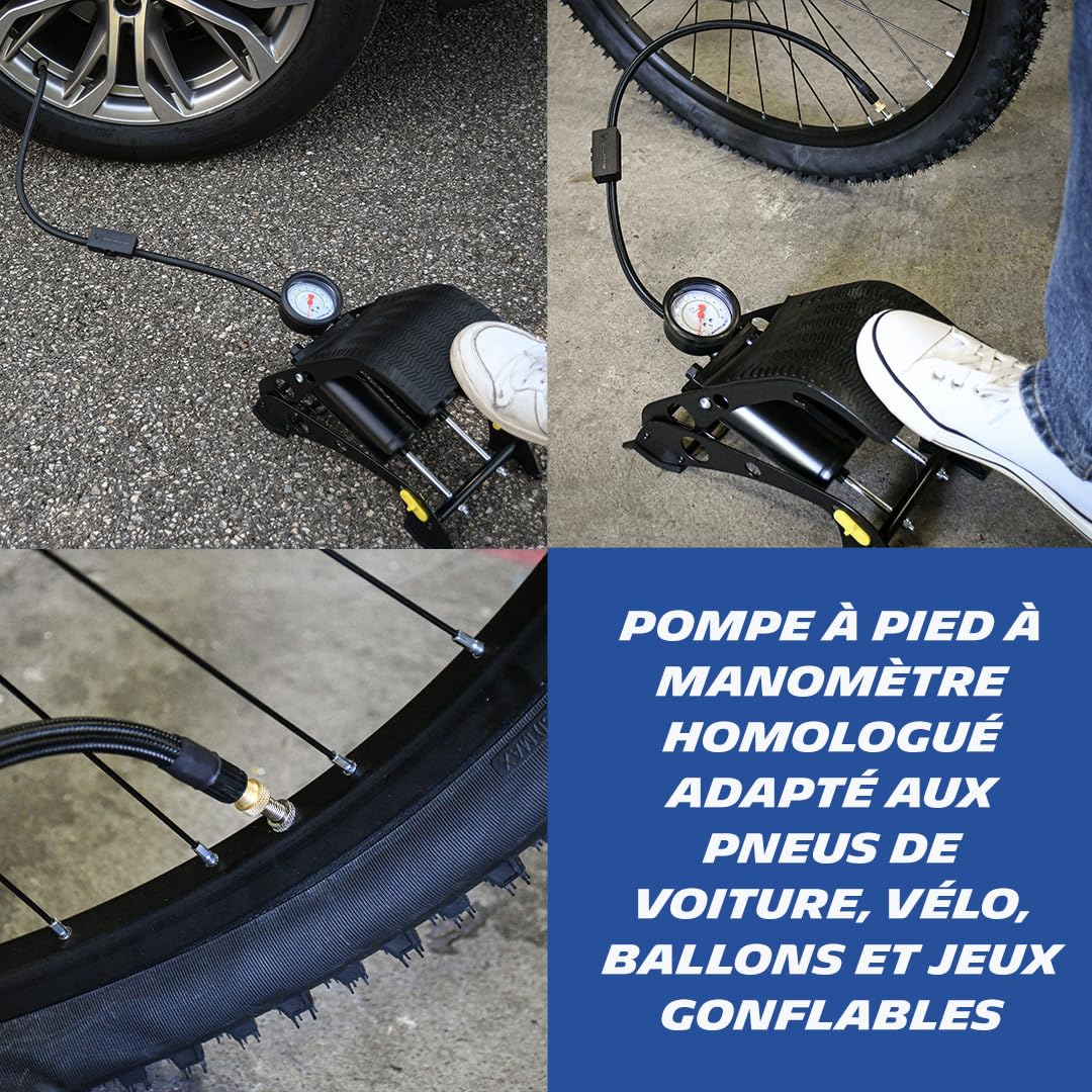 MICHELIN 009505 Pompe à Pied Double Piston avec Manomètre Homologué, 7 Bars, Flexible 80 cm – Gonfleur Vélo, Moto, Auto, Ballon – Haute Pression, Solide, Facile à Utiliser