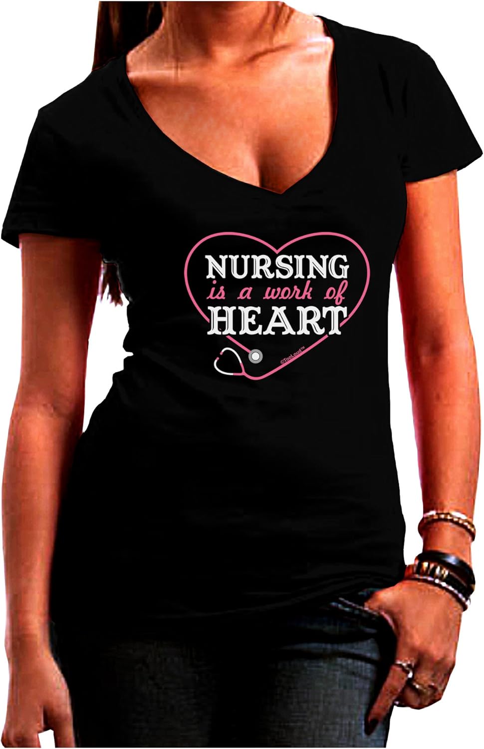 TOOLOUD Nursing is A Work of Heart Juniors Petite V-Neck Dark T-Shirt