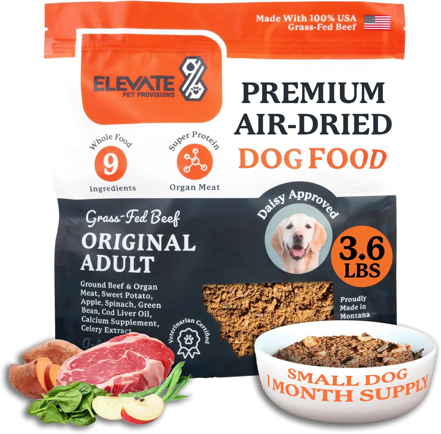 100% Human Grade Air Dried Dog Food 3.65 lbs - All Natural - USA Grass Fed Beef - Limited Ingredients - Grain Free - Dehydrated - Complete Meal or Topper Beef Flavor 1 Month Supply for Small Dogs