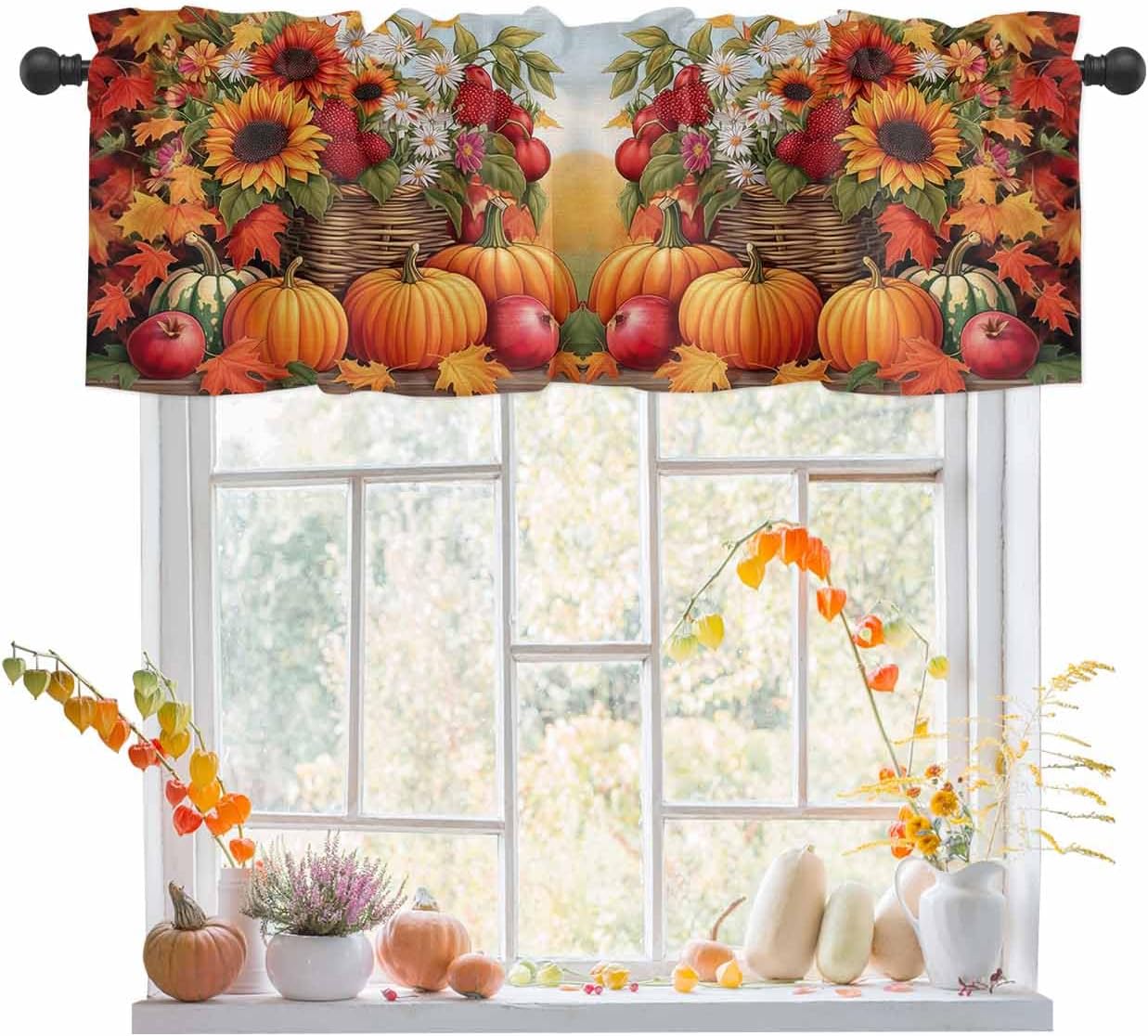 Valances for Windows Fall Pumpkin Harvest Fruit Pomegranate Pumpkin Daisy Flower Kitchen Curtains Valances Rod Pocket Small Window Treatments Valance Curtains for Kitchen, 42x18 Inch