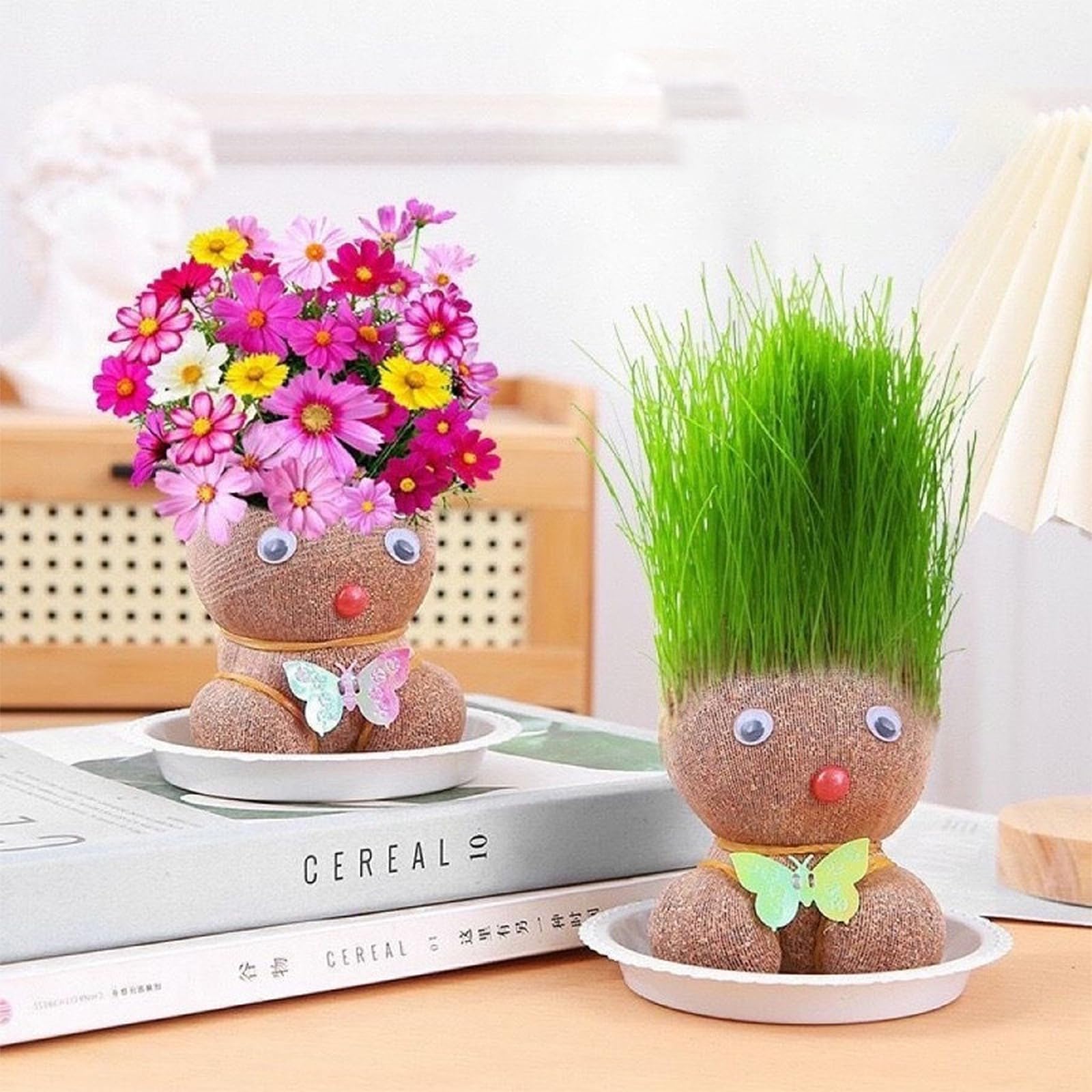 GmwyCzV 2 Piezas Planta de Muñeca con Cabeza de Hierba, Plantas Mesa Crecimiento con Bandeja, Maceta de Cabeza de Muñeca, Plantas en Maceta para Niños, Regalos de Crecimiento para Niños — view 5