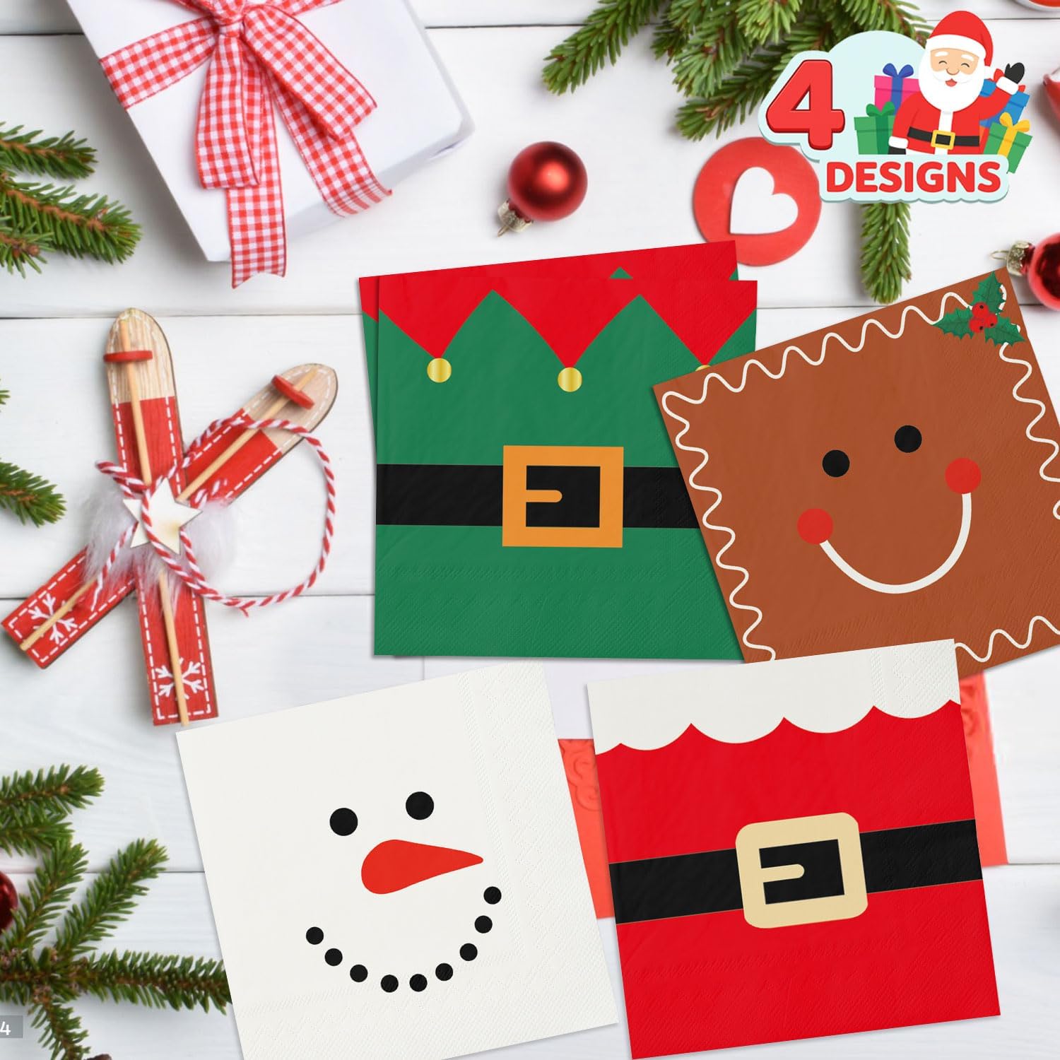 100 Christmas Napkins, Christmas Cocktail Napkins, Xmas Snowman Gingerbread Man Elf & Santa Party Napkins for Holiday Decorations Table Décor Party Supplies
