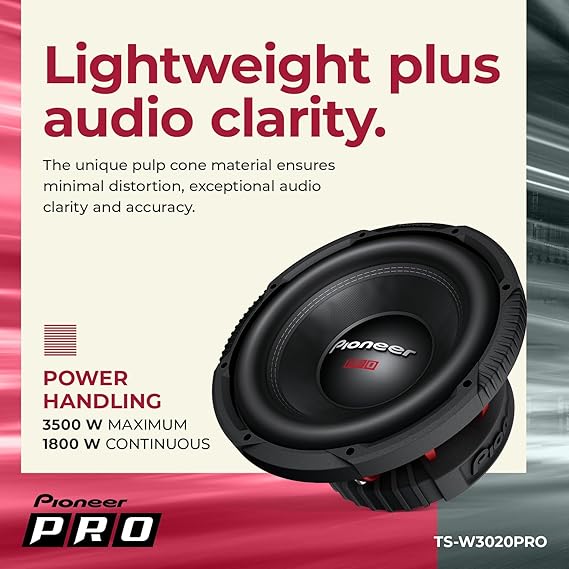 Pioneer P.R.O. Series TS-W3020PRO 12 Subwoofer 3500W Max, 1800W RMS, Sealed or Ported Enclosure Compatible, Strong Bass, High Power, Performance and Output
