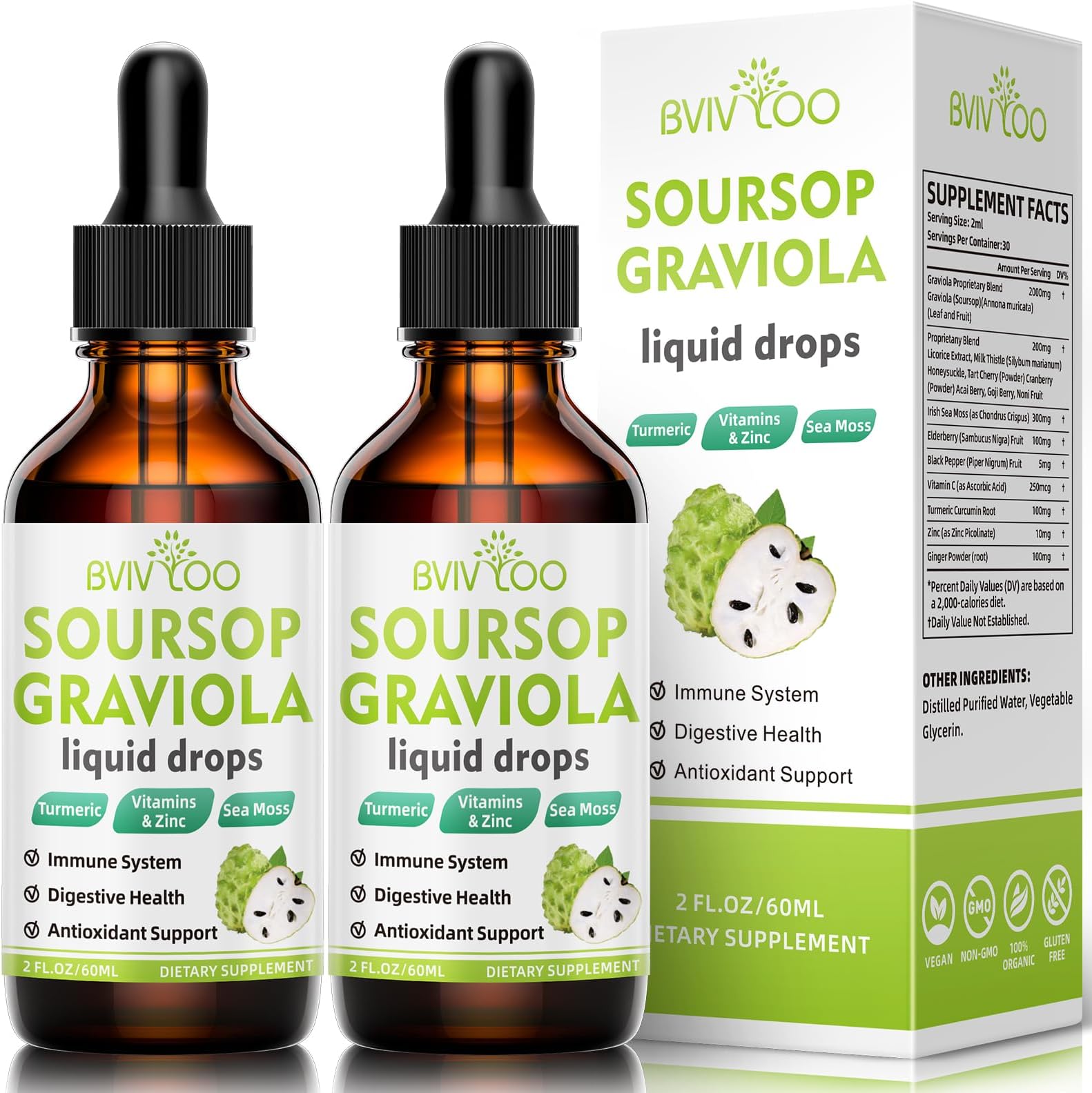 2 Pack Soursop Graviola Liquid Drops - 2000mg Pure Soursop Extract Blended with 300mg Sea Moss & 100mg Elderberry - Powerful Cell Support, Antioxidant-Rich, Immune-Boosting - 4 Fl Oz (120ml) Bottle