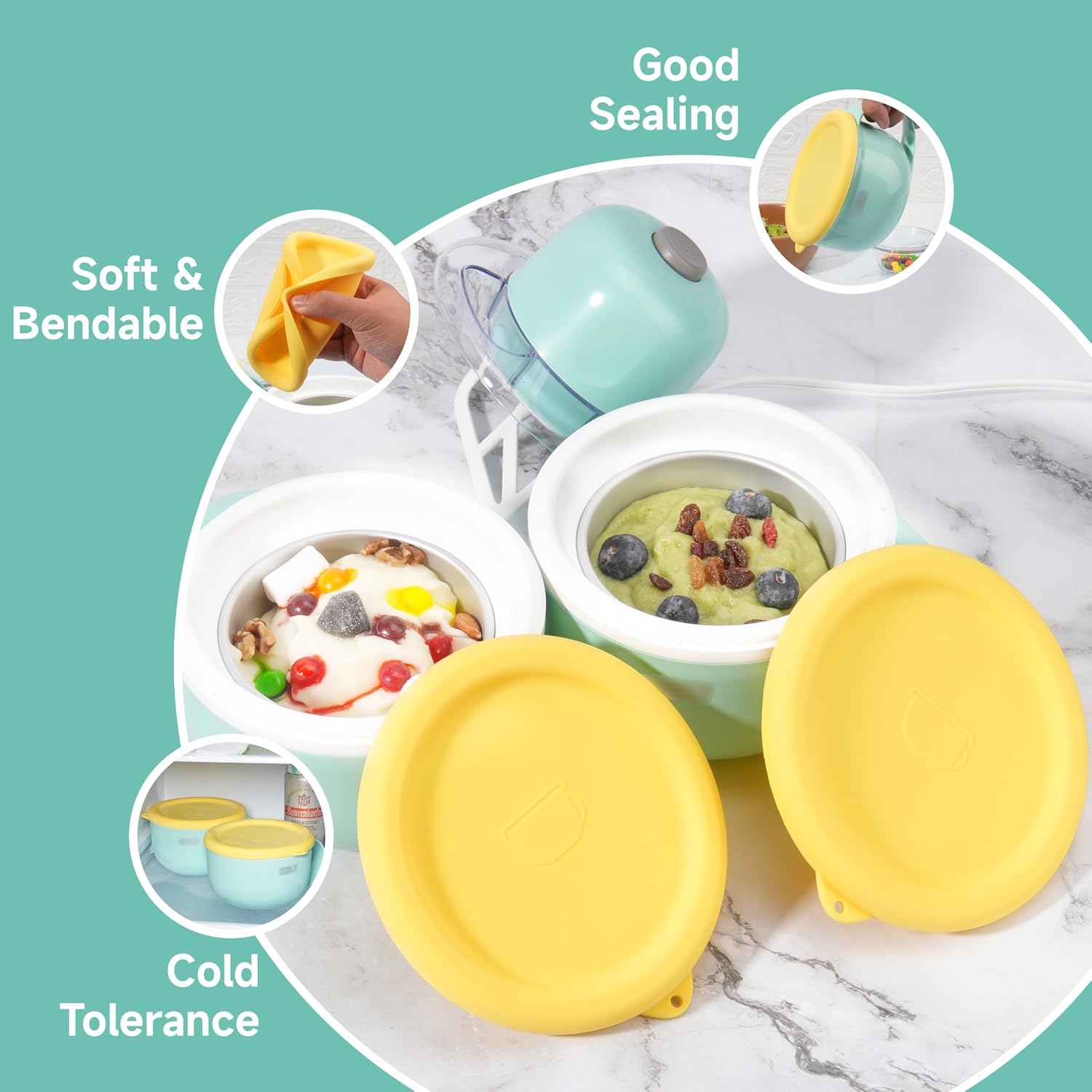 2PCs Silicone Lids for Dash My Mug Ice Cream Maker, Silicone Bowl Covers for Dash Ice Cream Maker Mug, Food Storage Accessories, Freezer & Dishwasher Safe (Bowl NOT Included)