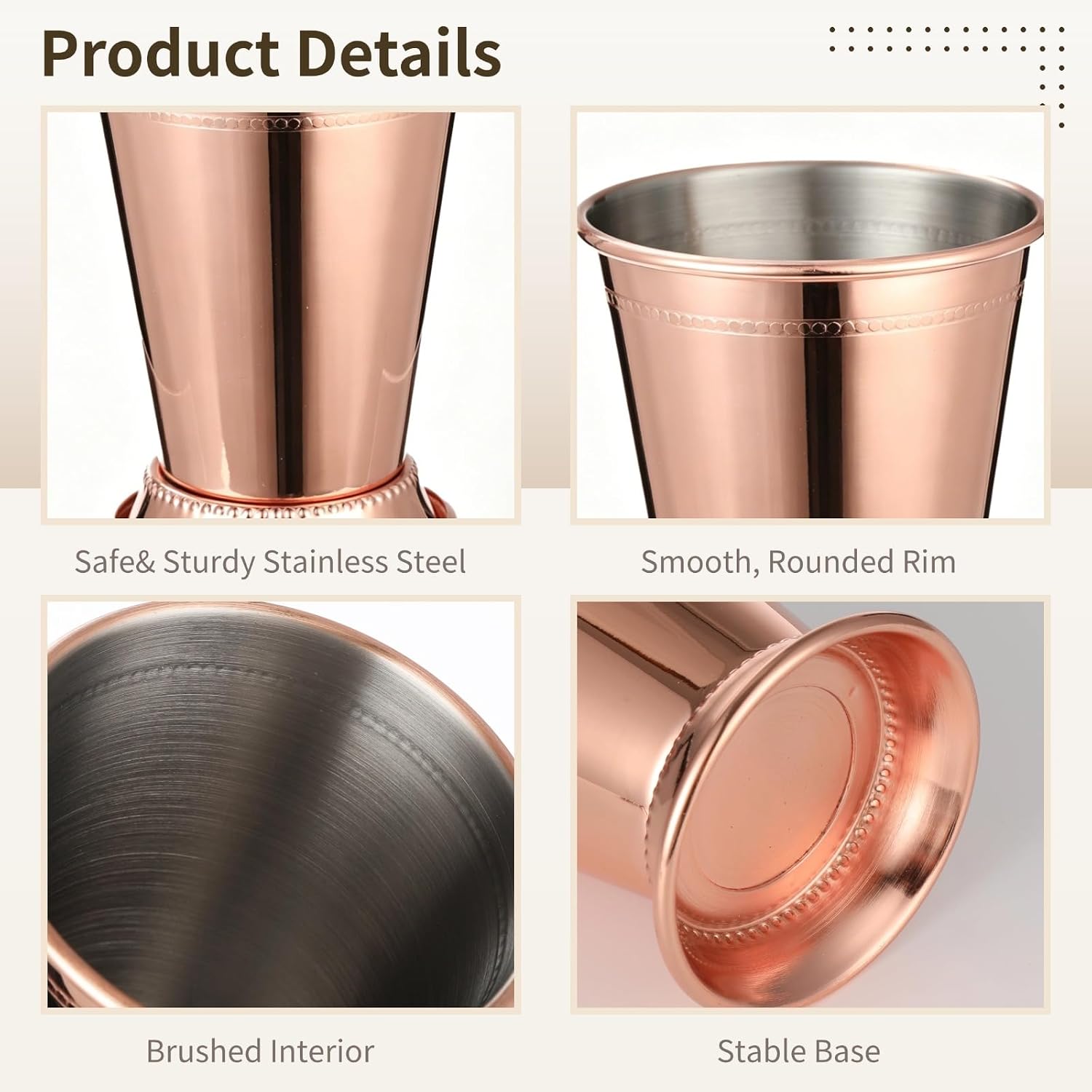 4 Pcs Mint Julep Cups Set, 12 oz Stainless Steel Cocktail Drinkware, 3.5 x 4.5 in, with Four 8.9 in Stirring Straws, Mirror Polished for Home Bar Parties, Mixed Beverages, Cold Drinks, Rose Gold