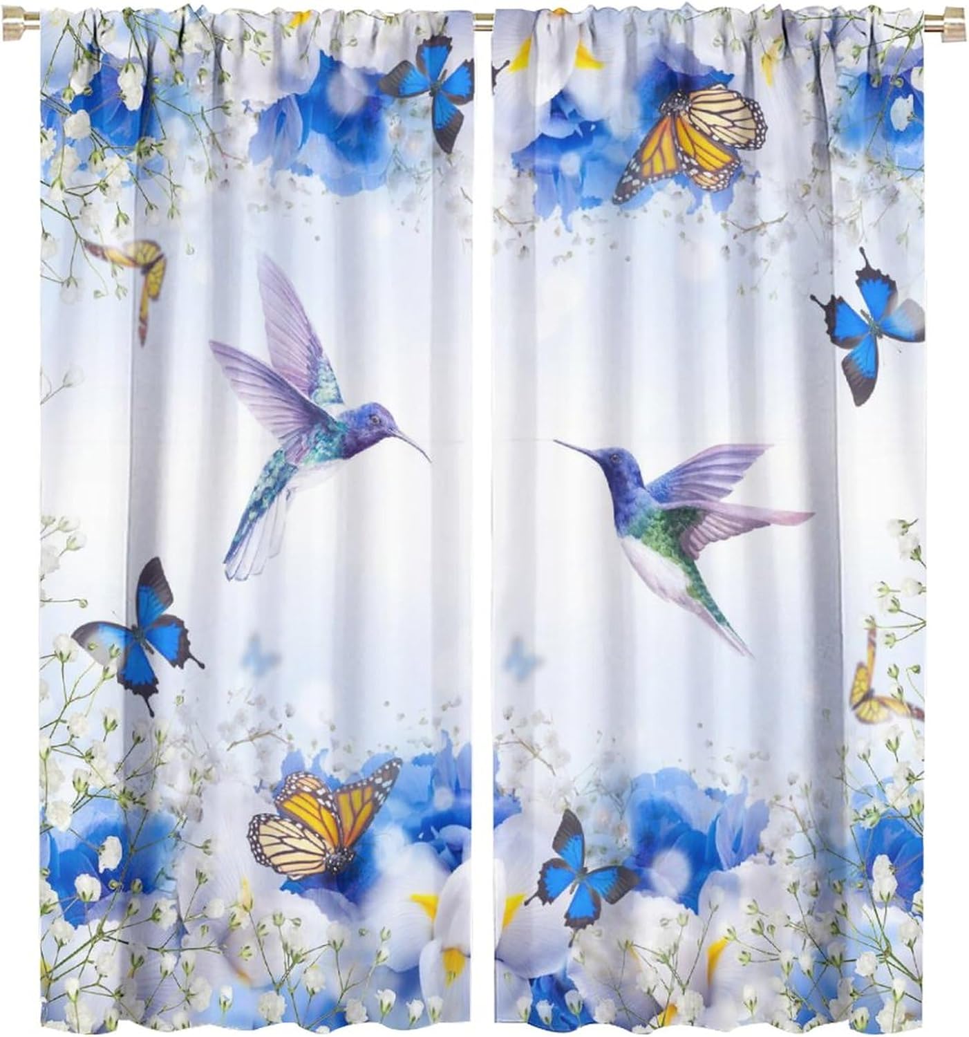 Aesthetic Floral Hummingbird Curtains - Watercolor Tropical Forest Hibiscus Hummingbird Butterflies Window Treatment,Energy Saving Thermal Insulated Rod Pocket Blackout Curtains 2 Panels 63L x 27.5W