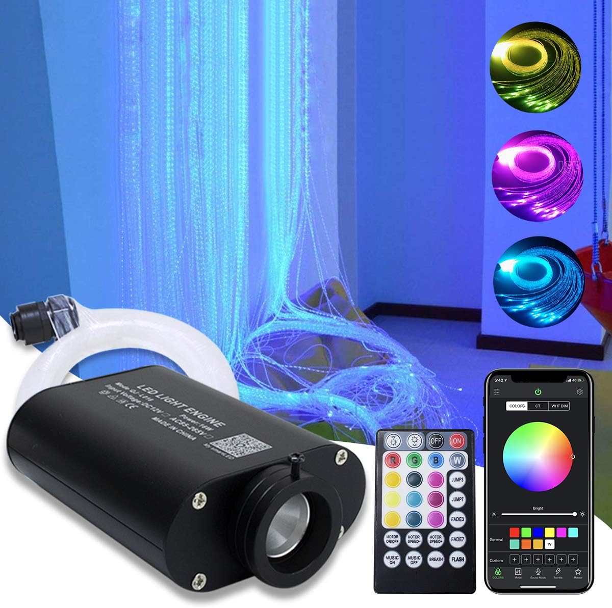 16W RGBW Fiber Optic Curtain Light Kit,450pcs Flash Point Waterfall Effect Bluetooth Curtain Lighting for Kids Children Sensory Room Home Decoration with Fiber Cables 0.03in/0.75mm 13.1ft/4m