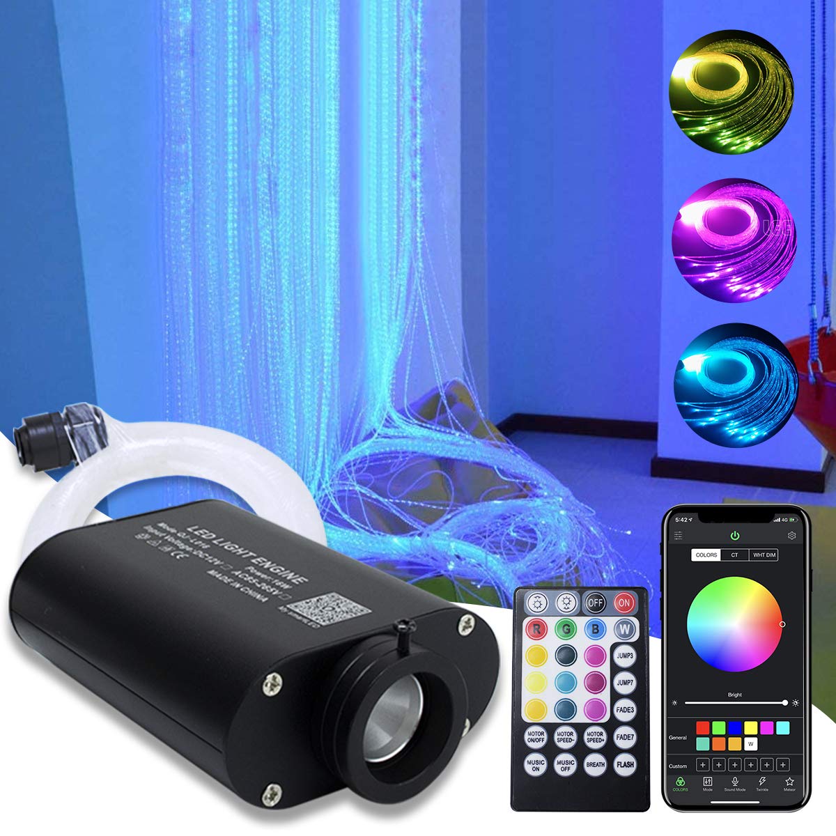 AMKI 16W RGBW Fiber Optic Curtain Light Kit, 450pcs Multicolor, 0.03in x