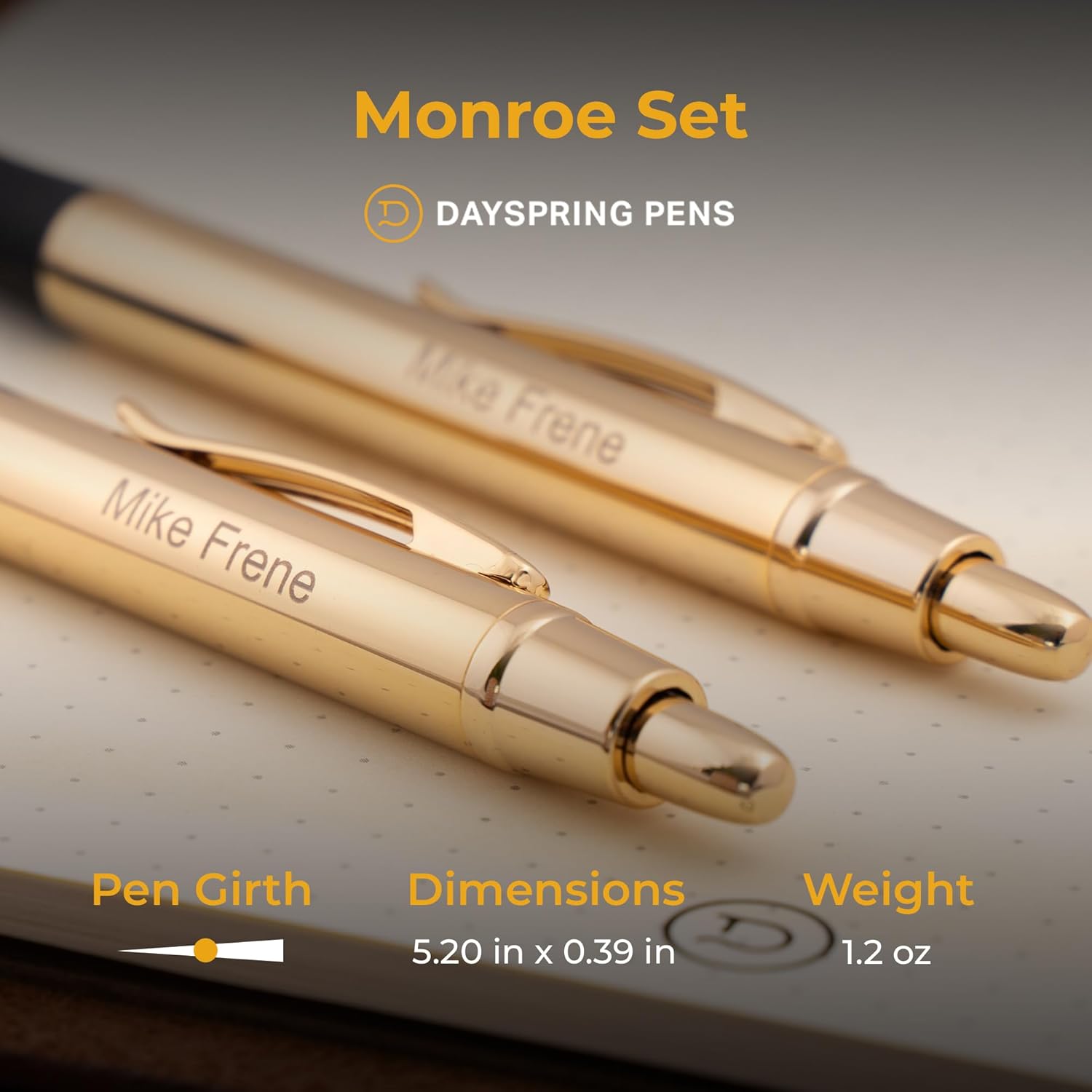 Dayspring Pens - Personalized Monroe 18 Karat Gold Plated Gift Pen and Pencil Set. Custom Engraved with Your Name, Great Gift for Man or Woman with Real Gold Plating. Gifting Case Included.