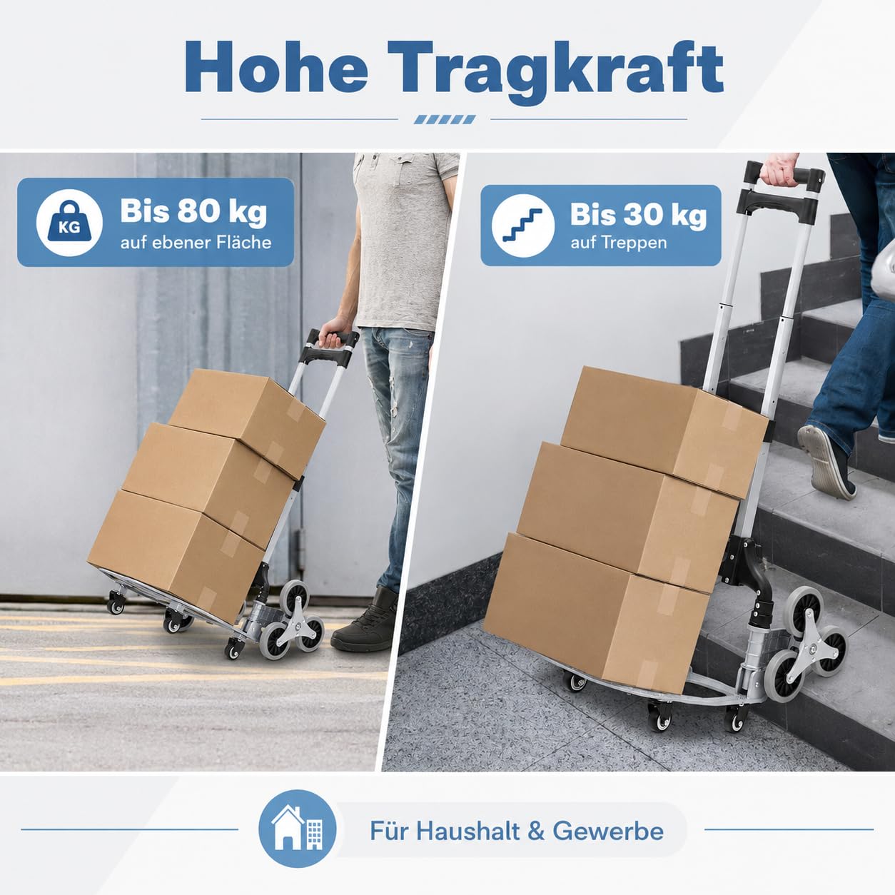 Aluminiowy wózek transportowy, składany, udźwig 35-70 kg, potrójna regulacja wysokości, 6 kół, wózek schodowy z antypoślizgową powierzchnią ładunkową