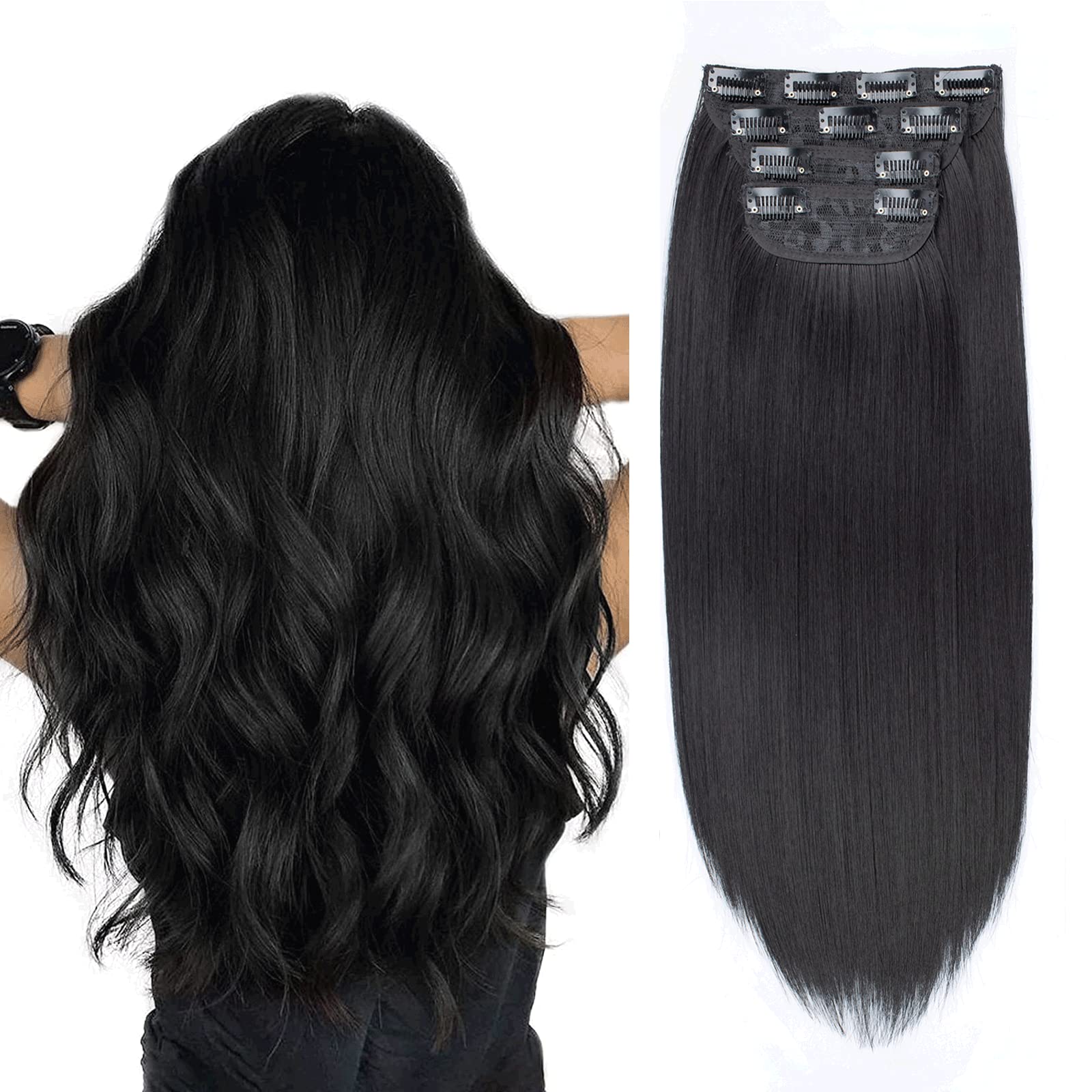 Xtrend Black 16 Inch Clip in Hair Extensions 4Pcs 11Clips Straight Thick Full Head Double Weft Clip on Synthetic Hair Extension Hairpieces for Women Daily Use 1B#